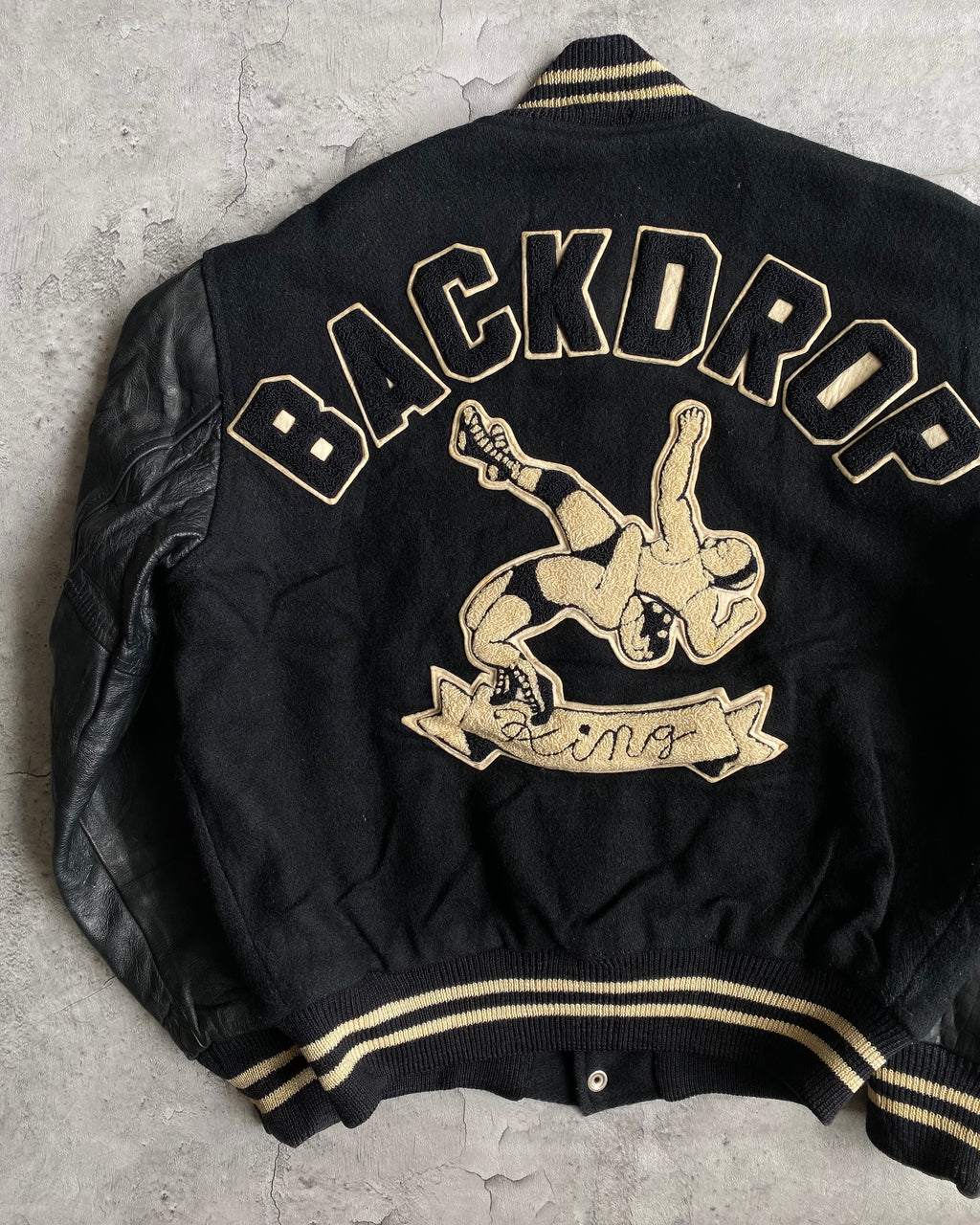 1977 'BACKDROP KING' LEATHER SLEEVES VARSITY JACKET (M/L)