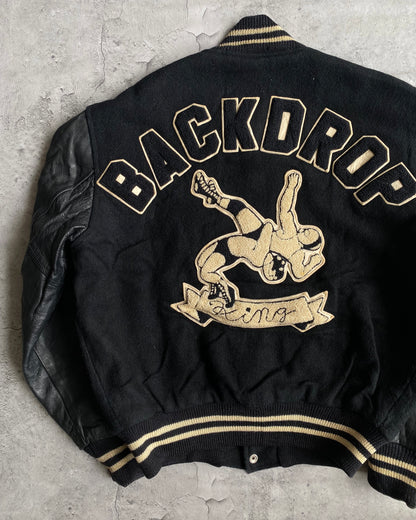 1977 'BACKDROP KING' LEATHER SLEEVES VARSITY JACKET (M/L)