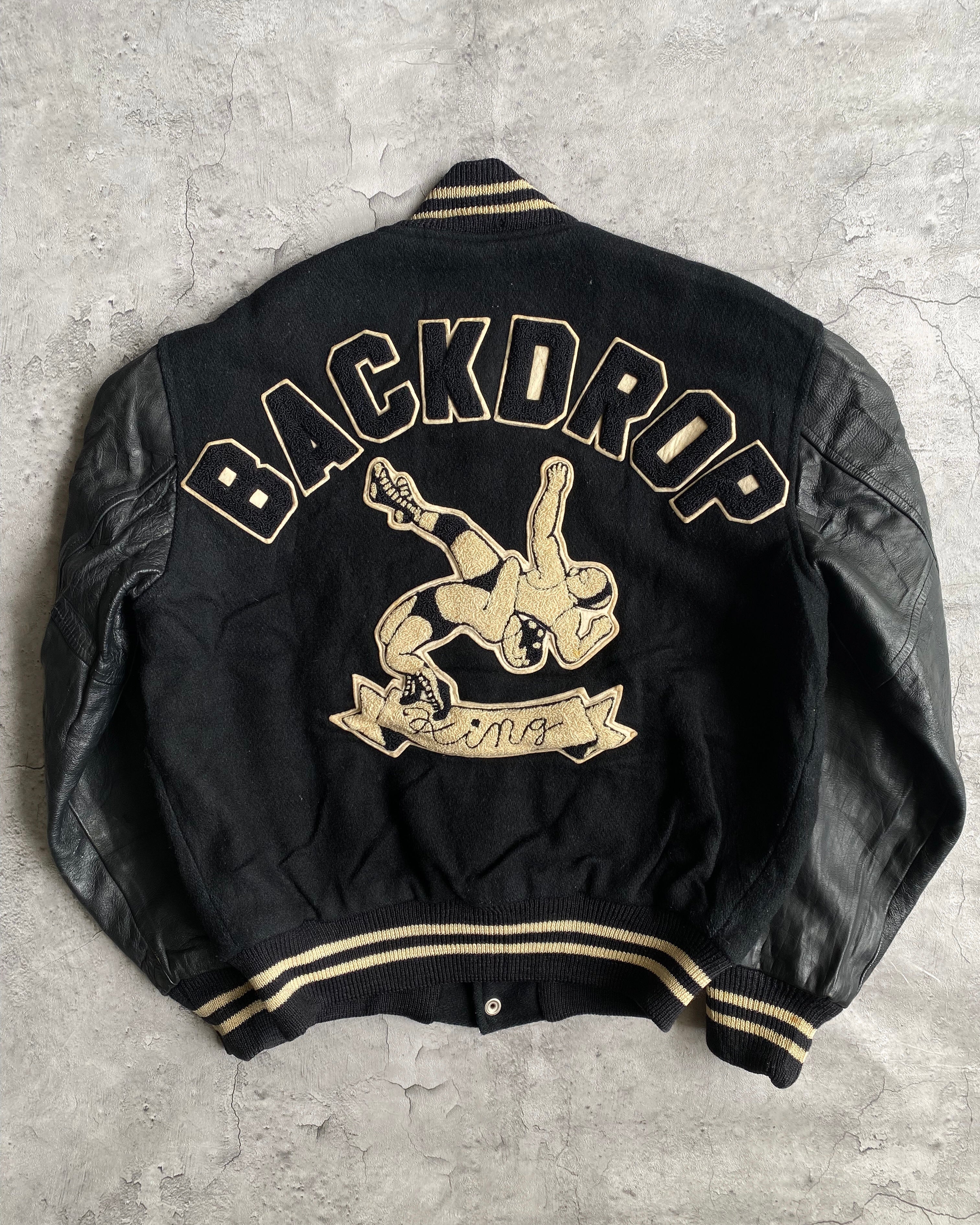 1977 'BACKDROP KING' LEATHER SLEEVES VARSITY JACKET (M/L)