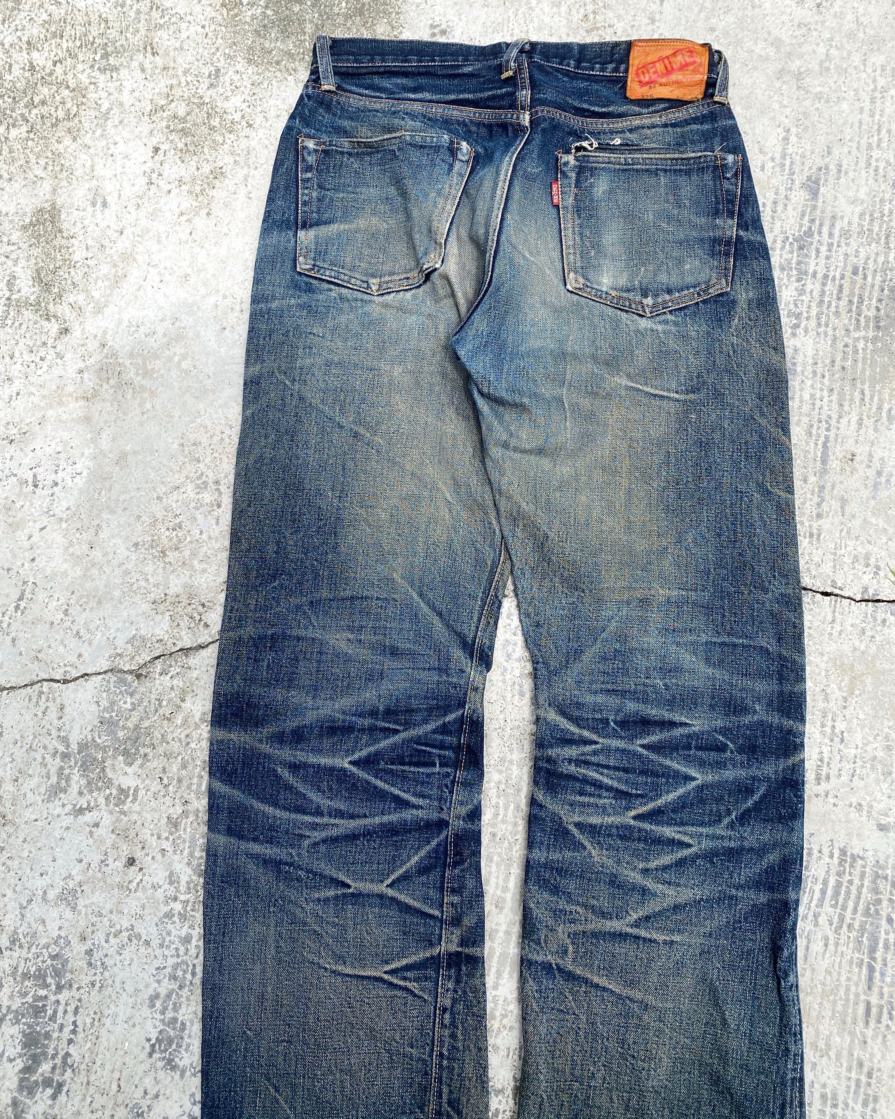1990S DENIME MUD WASH REPAIRED SELVEDGE JEANS (32X36)
