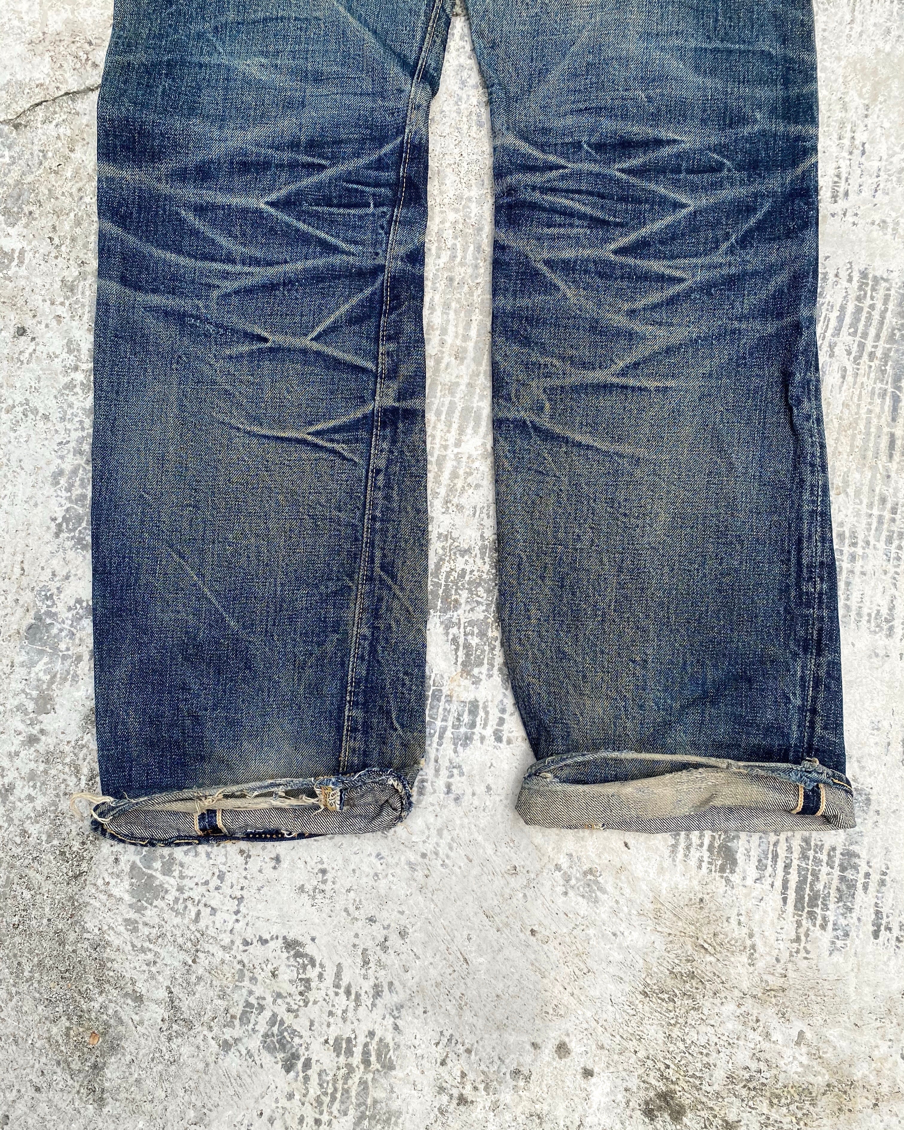 1990S DENIME MUD WASH REPAIRED SELVEDGE JEANS (32X36)