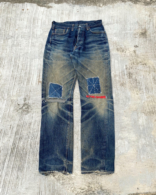 1990S DENIME MUD WASH REPAIRED SELVEDGE JEANS (32X36)