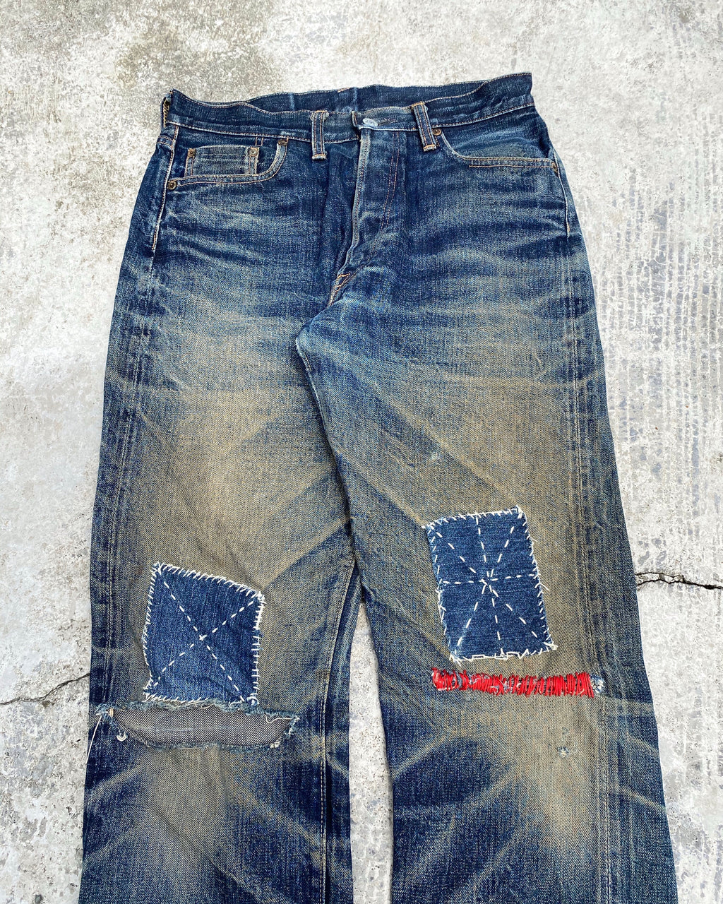 1990S DENIME MUD WASH REPAIRED SELVEDGE JEANS (32X36)