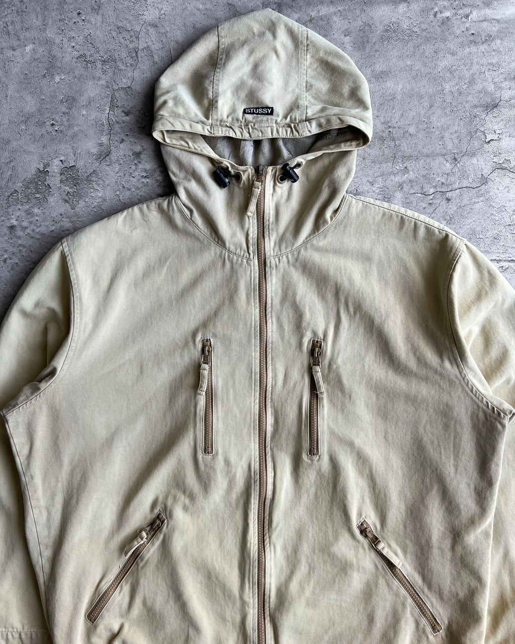 1990S/2000S CREAM STUSSY HOODED UTILITY JACKET (L)