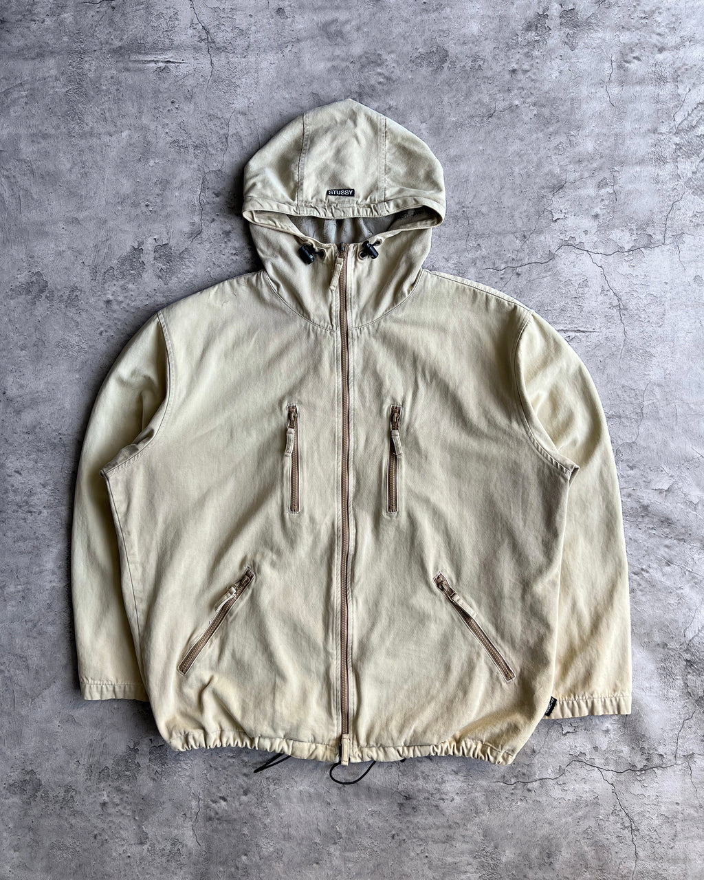 1990S/2000S CREAM STUSSY HOODED UTILITY JACKET (L)
