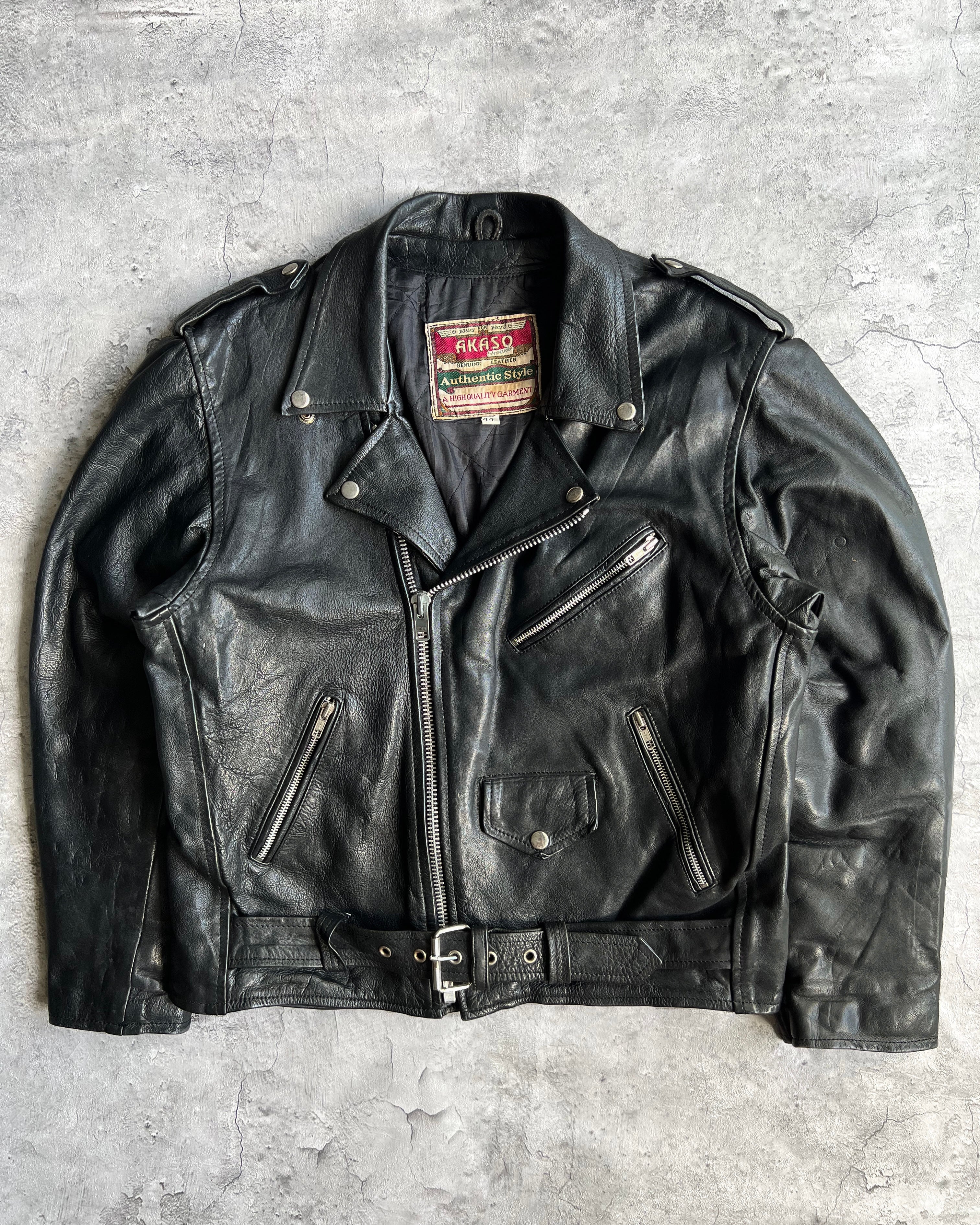 1980S BLACK BIKER LEATHER JACKET (M/L)