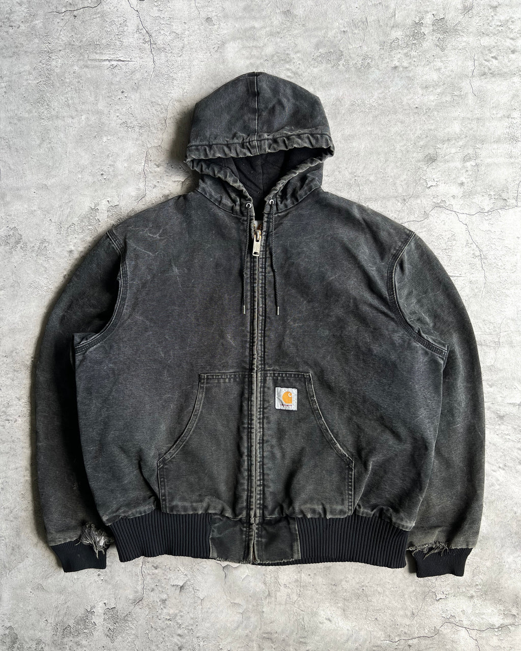 1990S BLACK STONE WASHED CARHARTT HOODED WORK JACKET (L/XL)