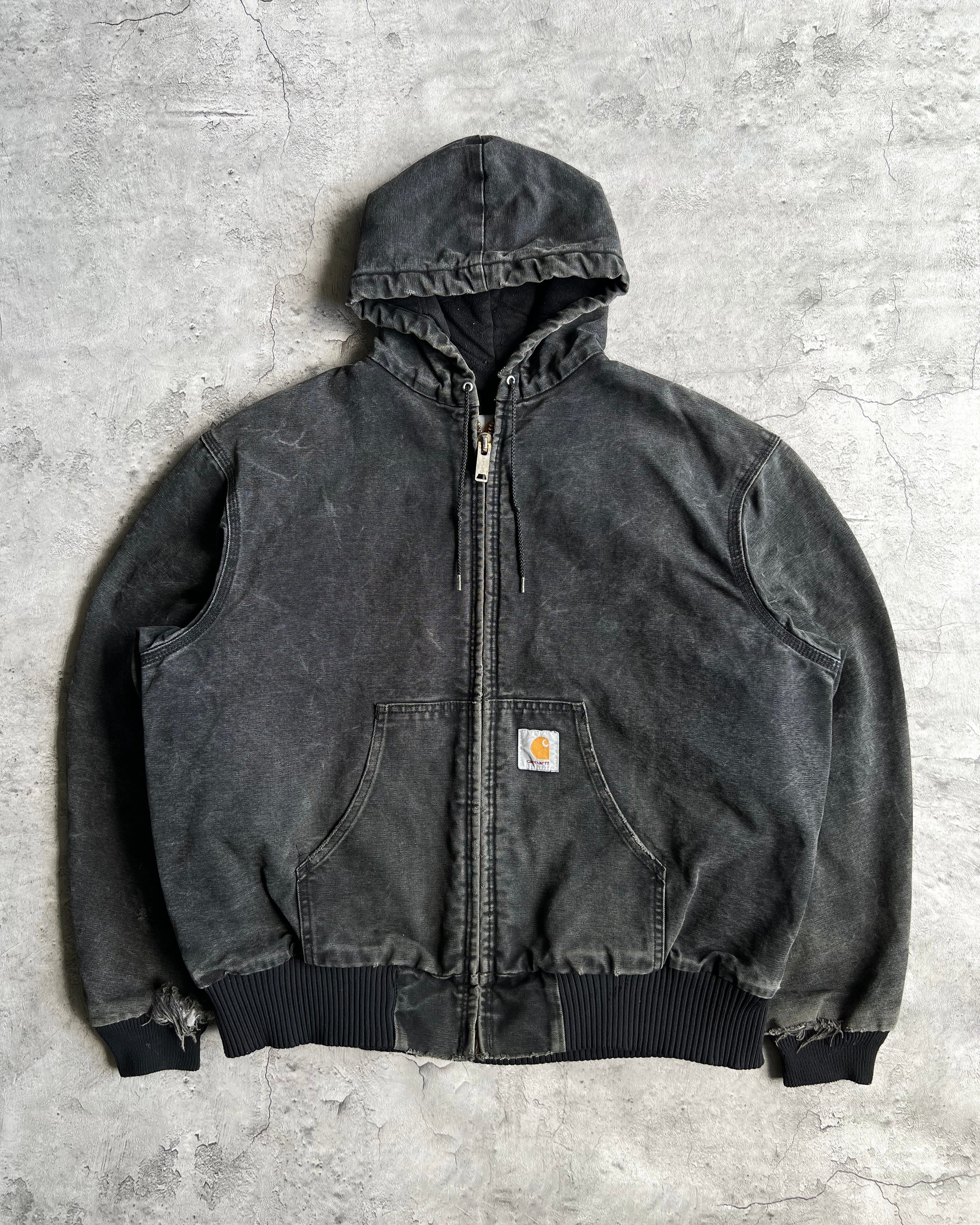 1990S BLACK STONE WASHED CARHARTT HOODED WORK JACKET (L/XL)