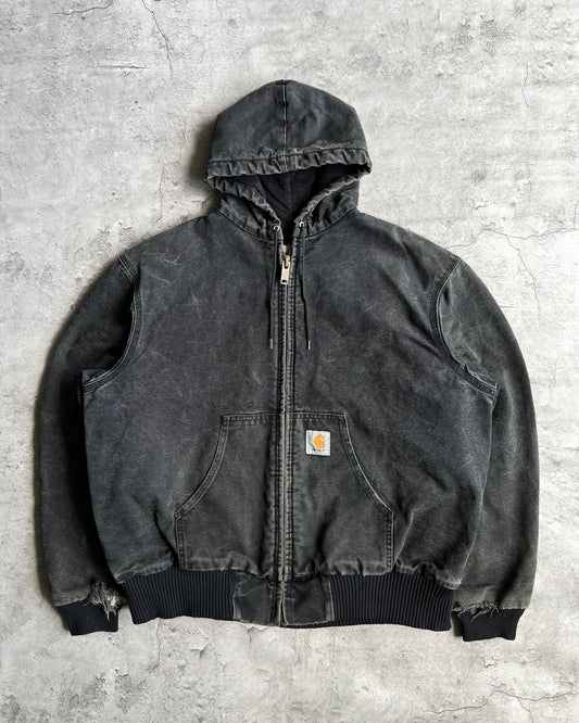 1990S BLACK STONE WASHED CARHARTT HOODED WORK JACKET (L/XL)