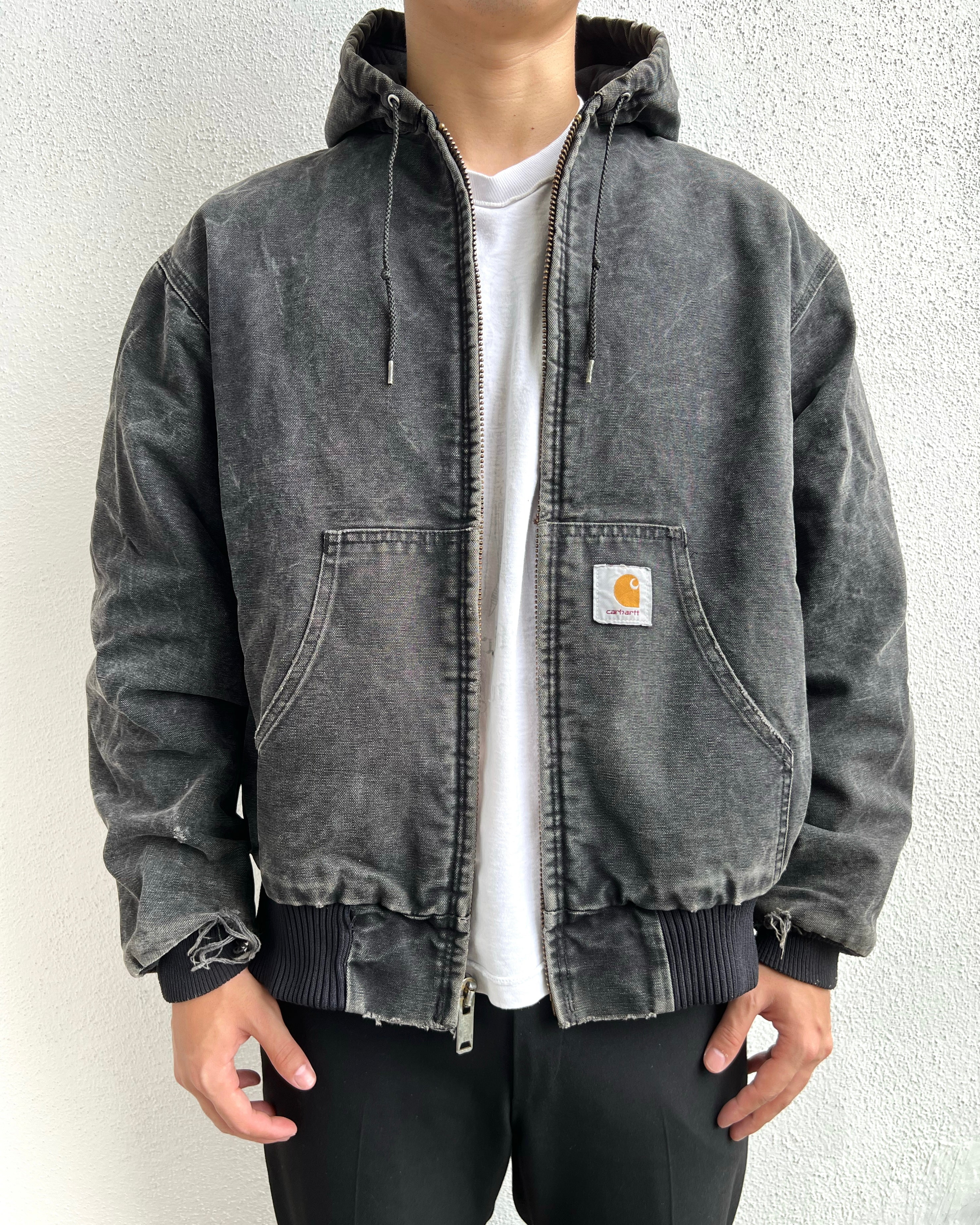 1990S BLACK STONE WASHED CARHARTT HOODED WORK JACKET (L/XL)