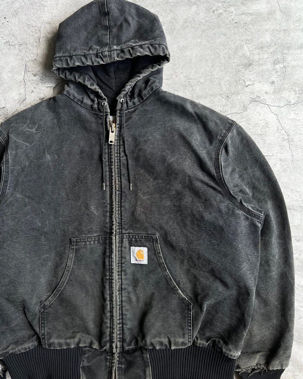 1990S BLACK STONE WASHED CARHARTT HOODED WORK JACKET (L/XL)