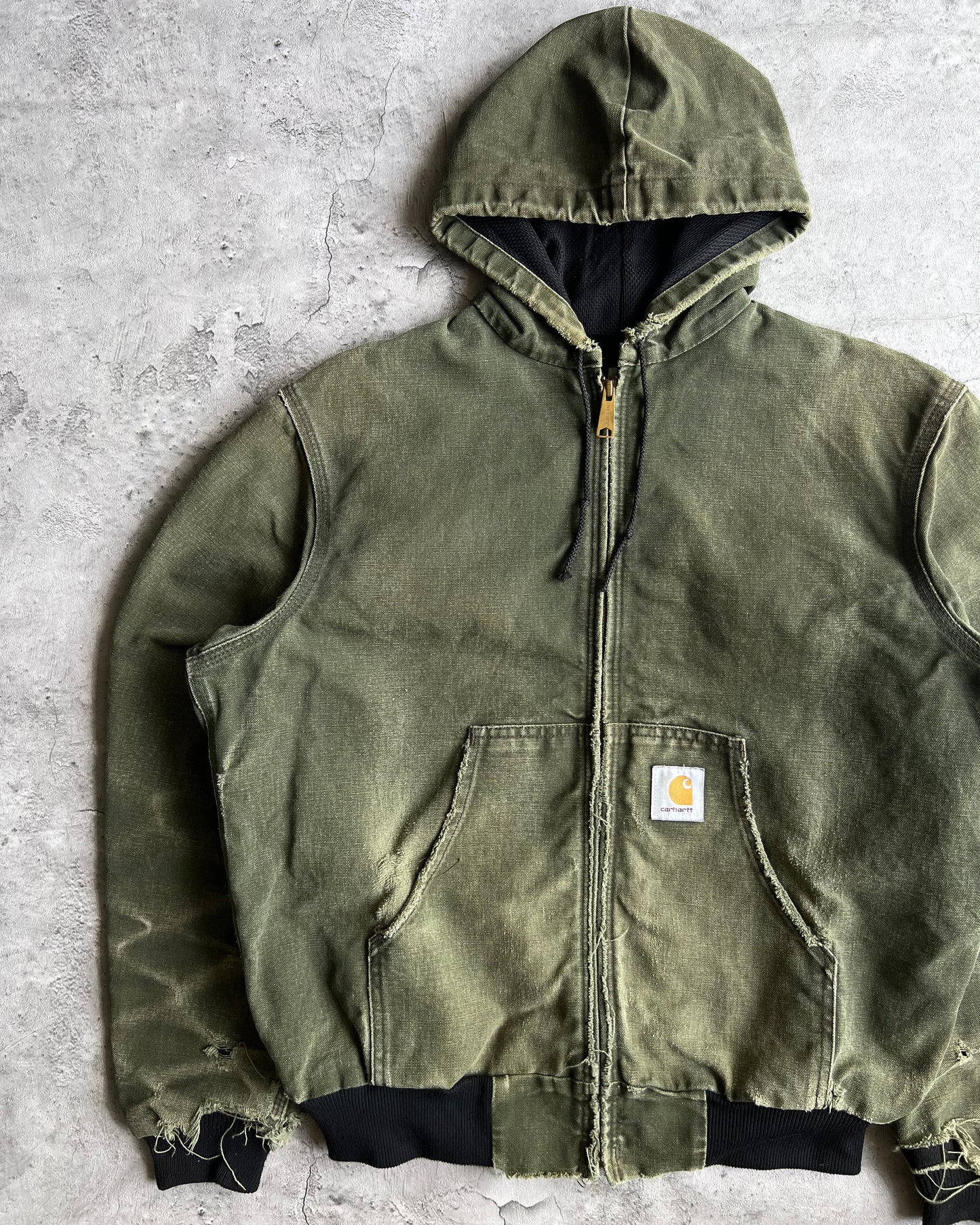 1990S DISTRESSED FADED GREEN CARHARTT HOODED WORK JACKET (S-L)