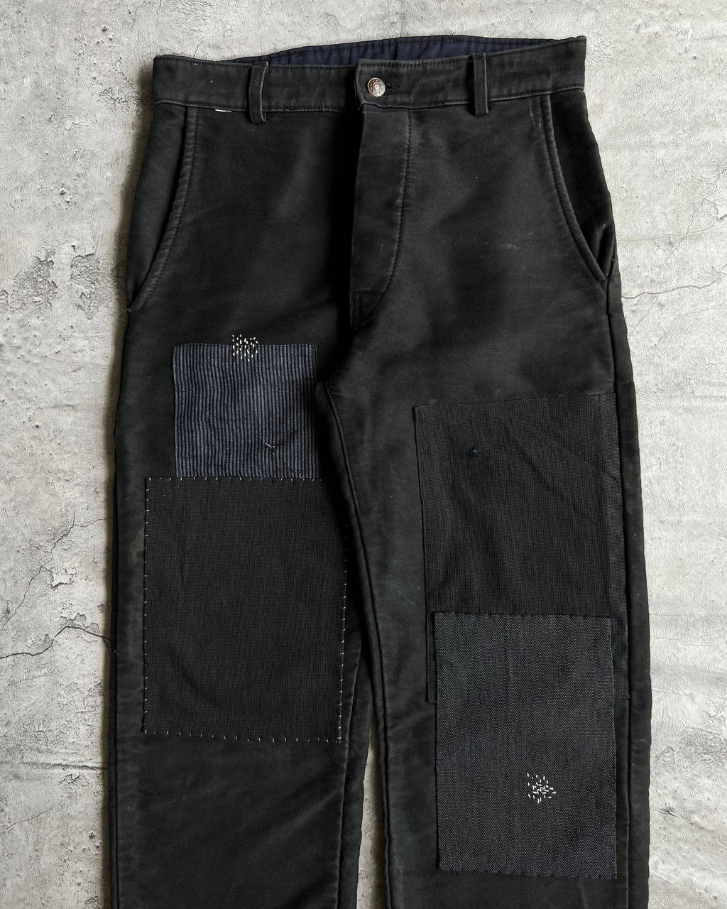 1980S BLACK FRENCH MOLESKIN PATCHED TROUSERS (31X31)
