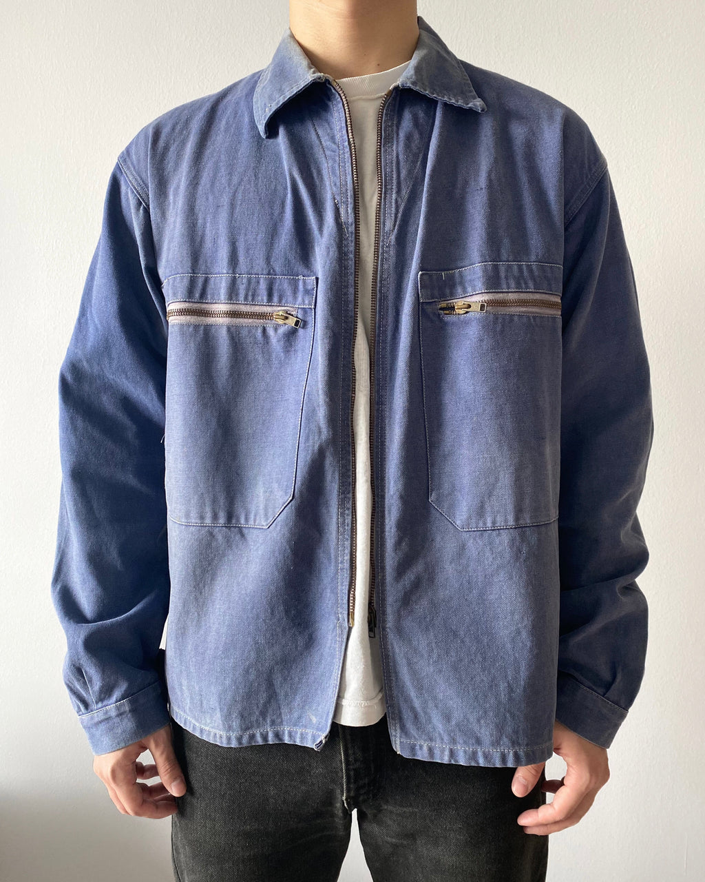 1960S SUN FADED INDIGO FRENCH WORK ZIP UP JACKET (M/L)