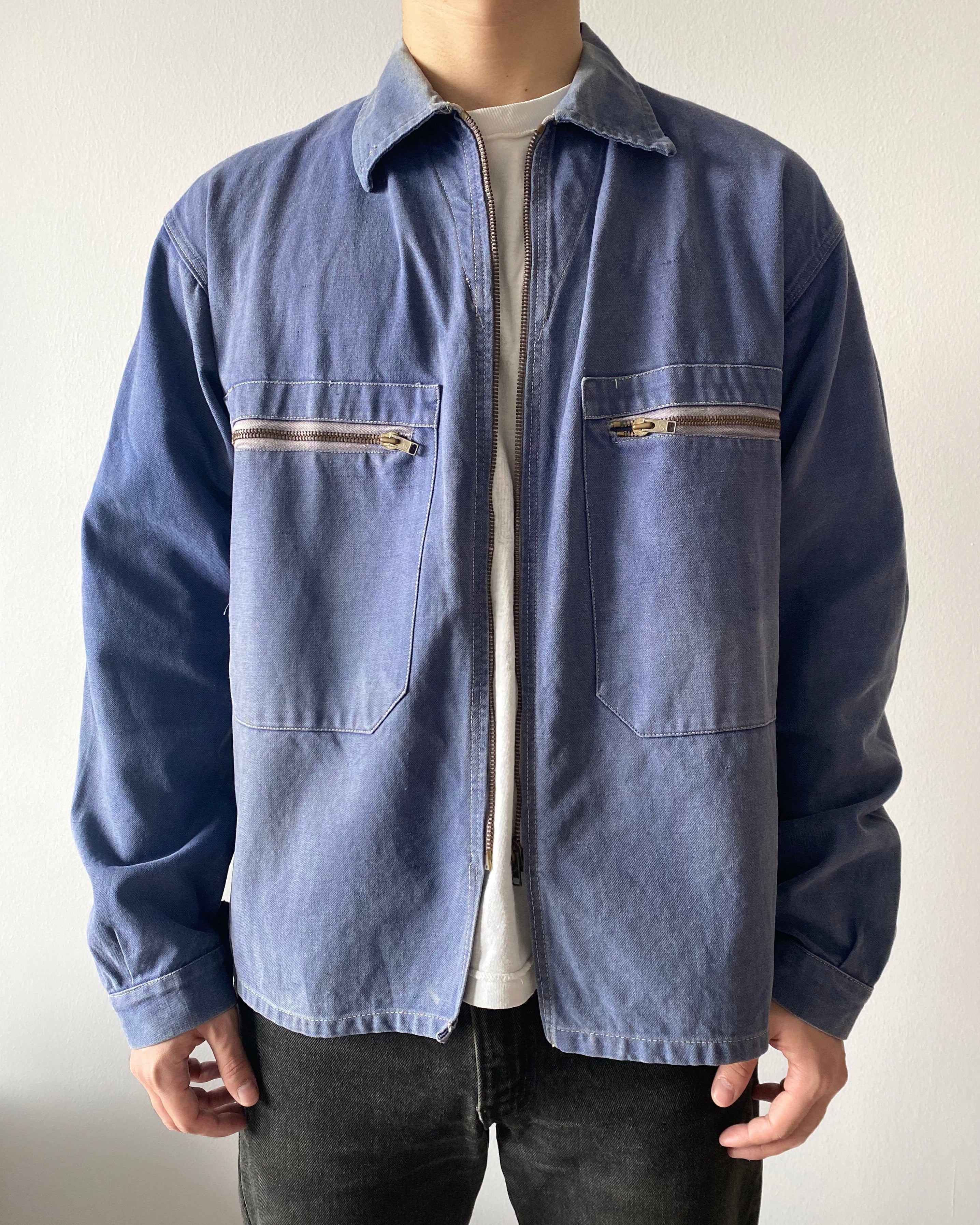 1960S SUN FADED INDIGO FRENCH WORK ZIP UP JACKET (M/L)