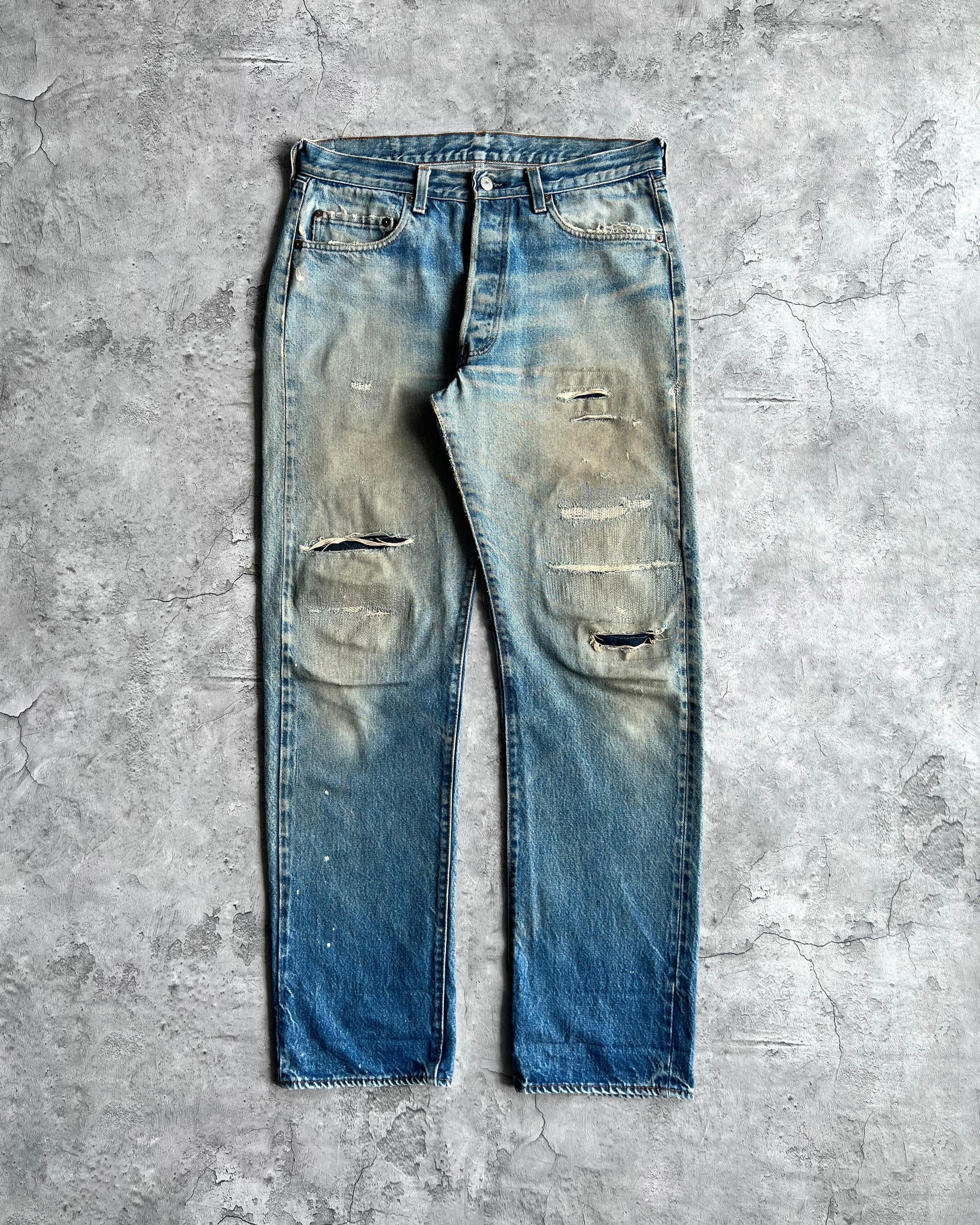 1980S FADED WASHED LEVI'S 501 REDLINE SELVEGDE REPAIRED JEANS (34X32)