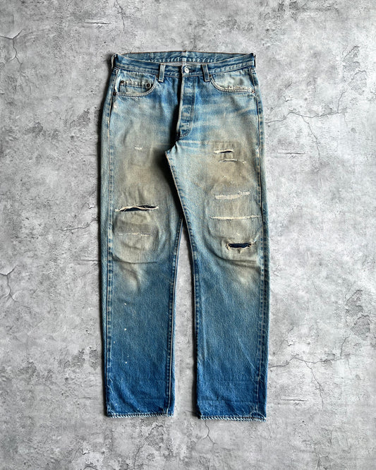 1980S FADED WASHED LEVI'S 501 REDLINE SELVEGDE REPAIRED JEANS (34X32)