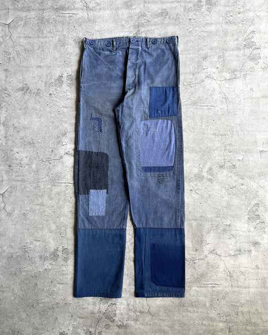 1980S INDIGO PATCHED FRENCH WORK TROUSERS (32X33)