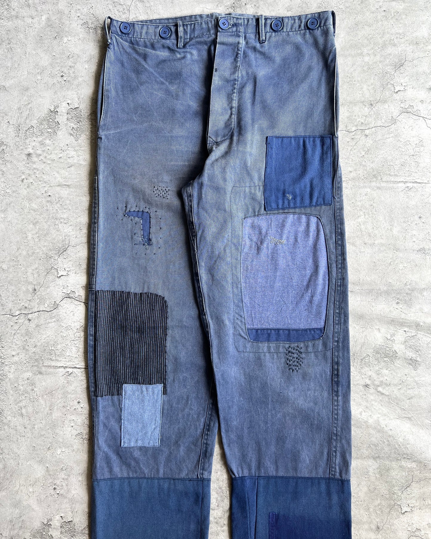 1980S INDIGO PATCHED FRENCH WORK TROUSERS (32X33)