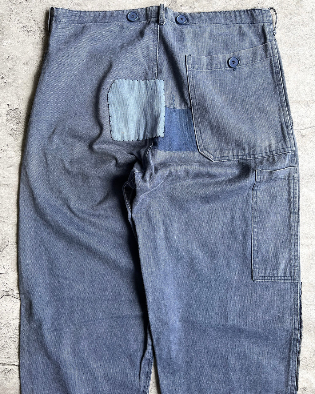 1980S INDIGO PATCHED FRENCH WORK TROUSERS (32X33)