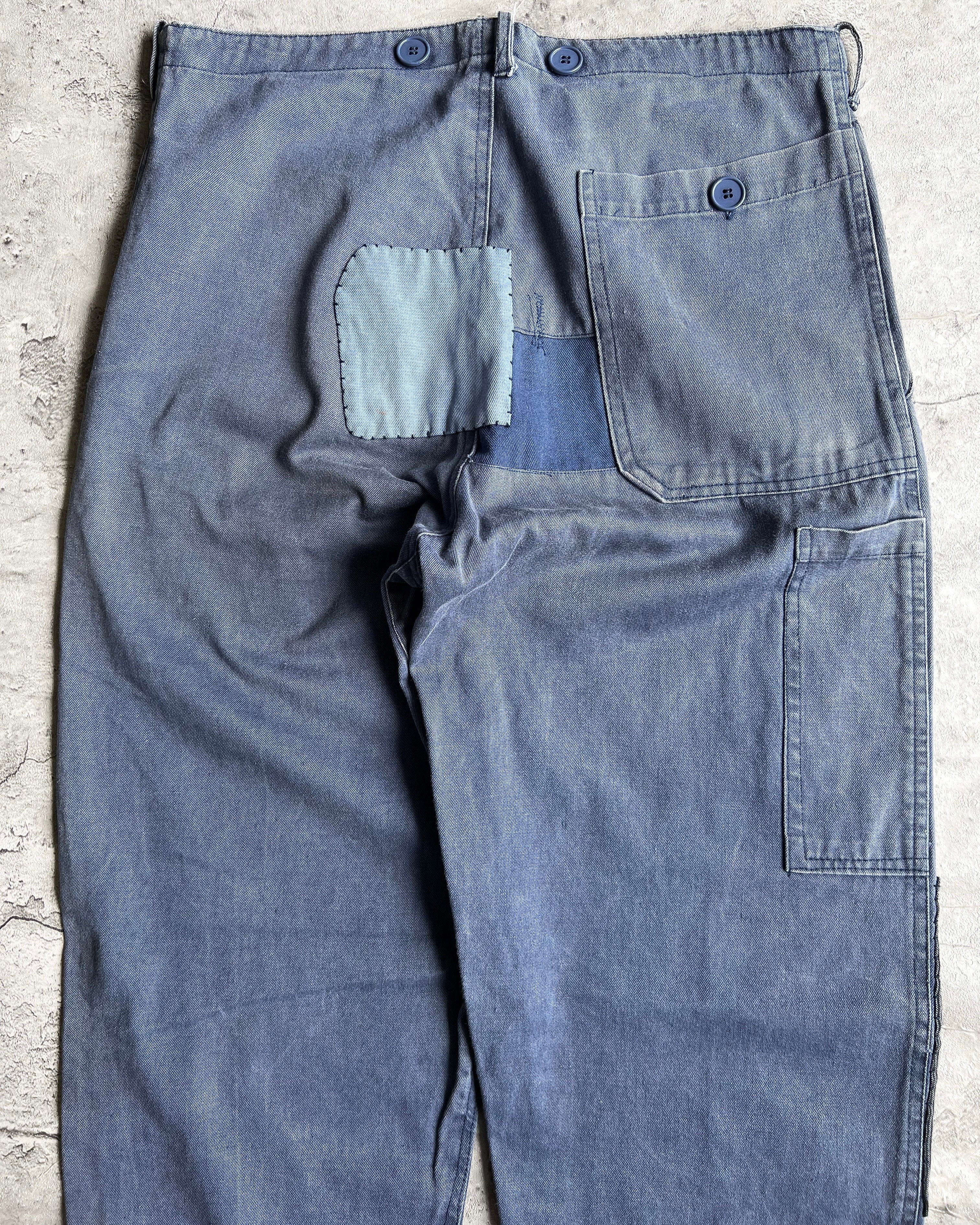1980S INDIGO PATCHED FRENCH WORK TROUSERS (32X33)