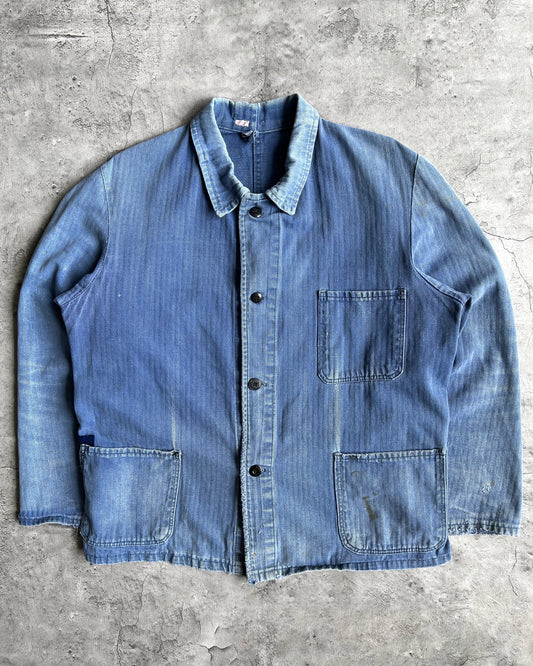 1950S SUN FADED HBT FRENCH WORK REPAIRED CHORE JACKET (L)