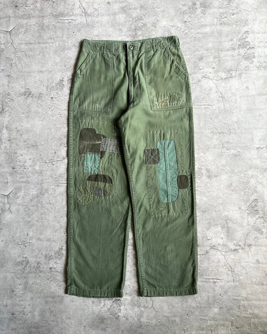 1960S PATCHED OG-107 SATEEN US ARMY TROUSERS (34-36)