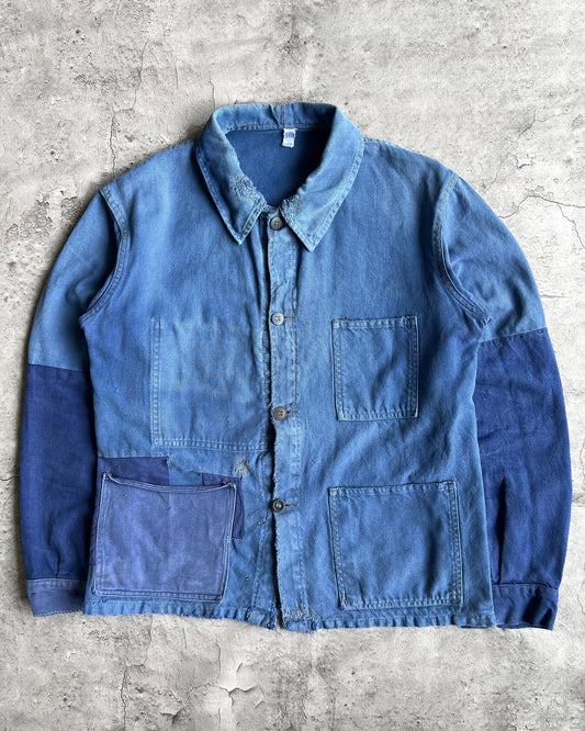 1950S FADED ROUND COLLAR REPAIRED FRENCH WORK CHORE JACKET (M/L)