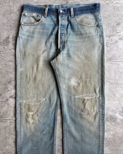 1980S TWO-TONE LEVI'S 501 REPAIRED JEANS (35X32)