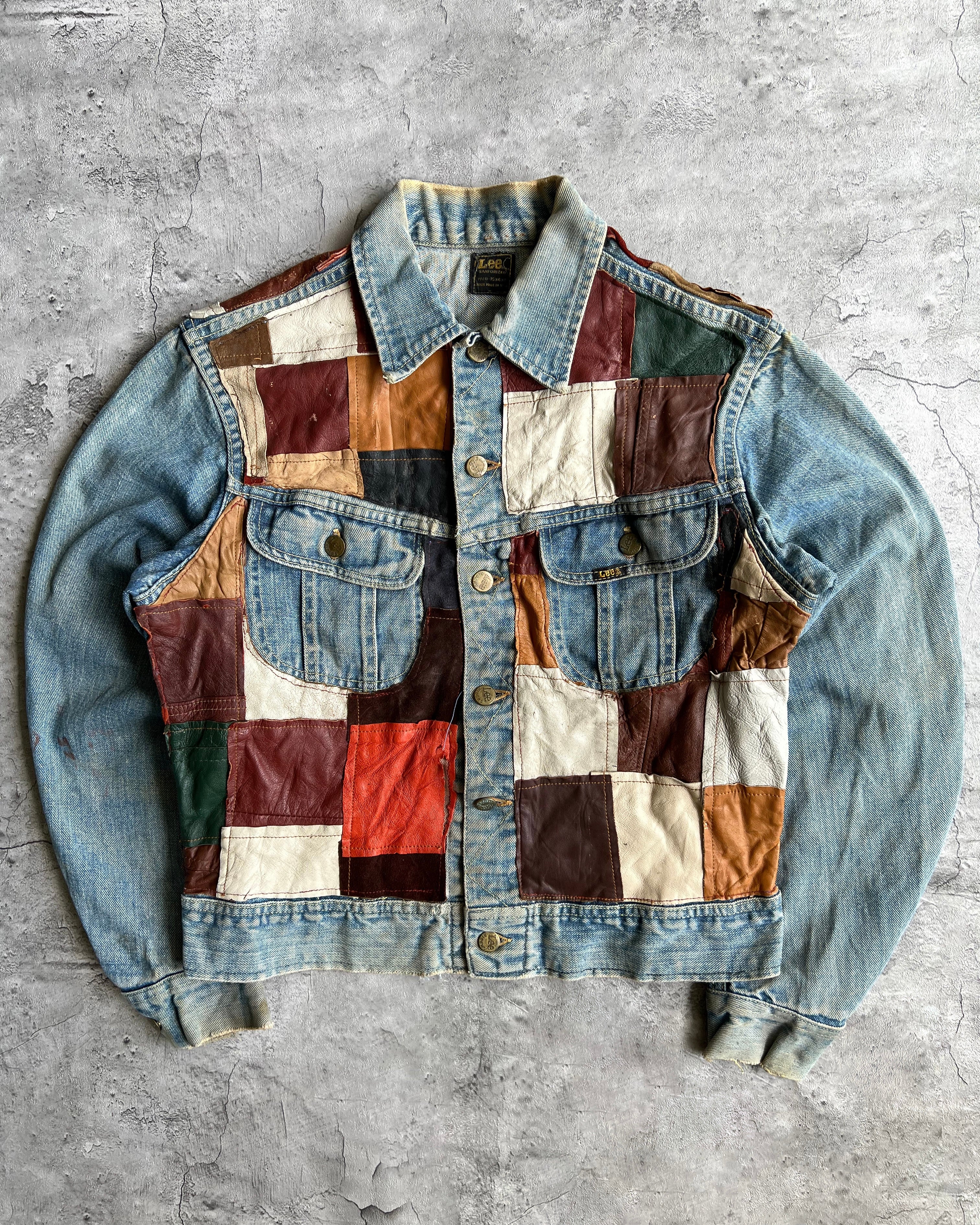 1970S LEATHER PATCHWORK LEE DENIM JACKET (M)