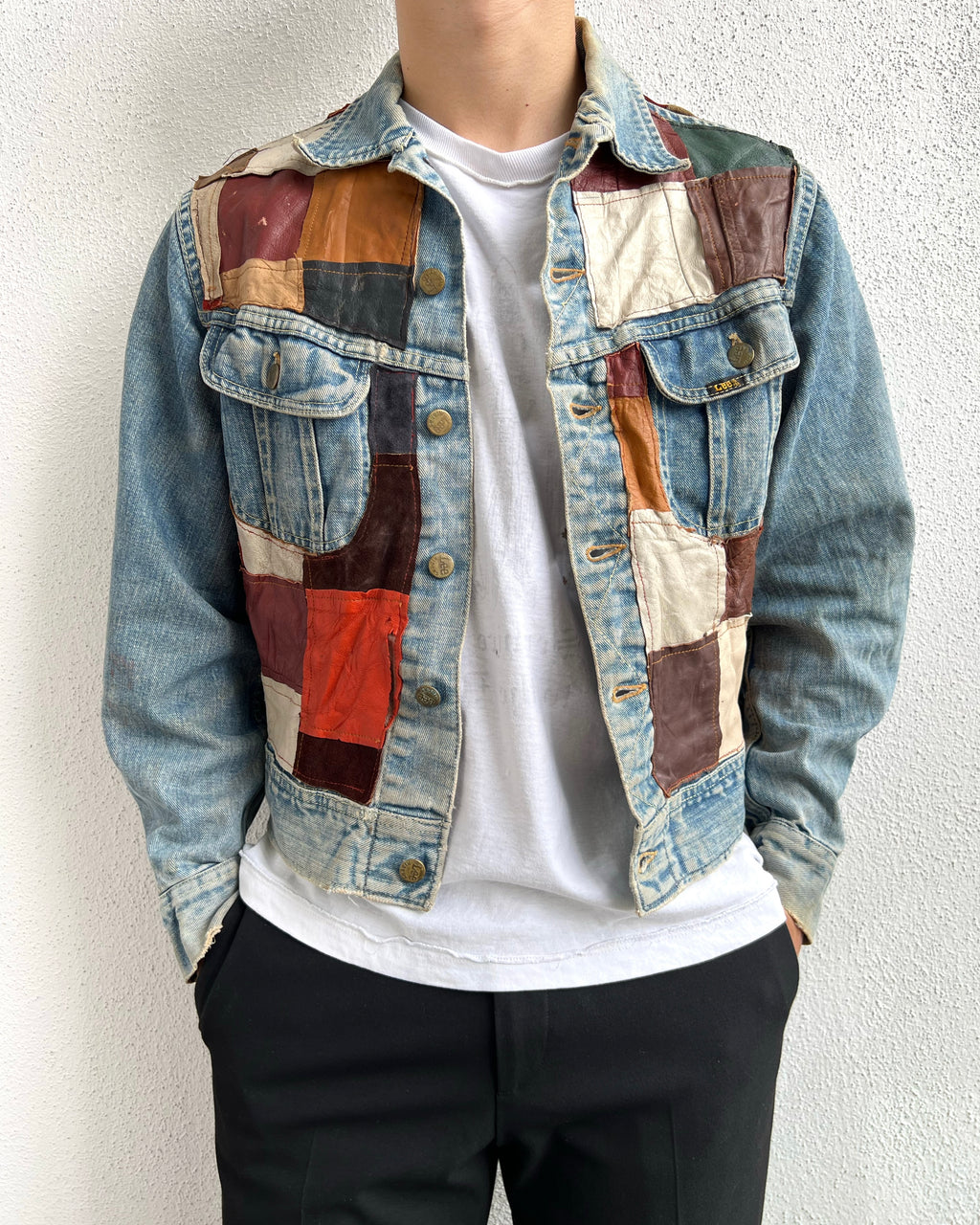 1970S LEATHER PATCHWORK LEE DENIM JACKET (M)