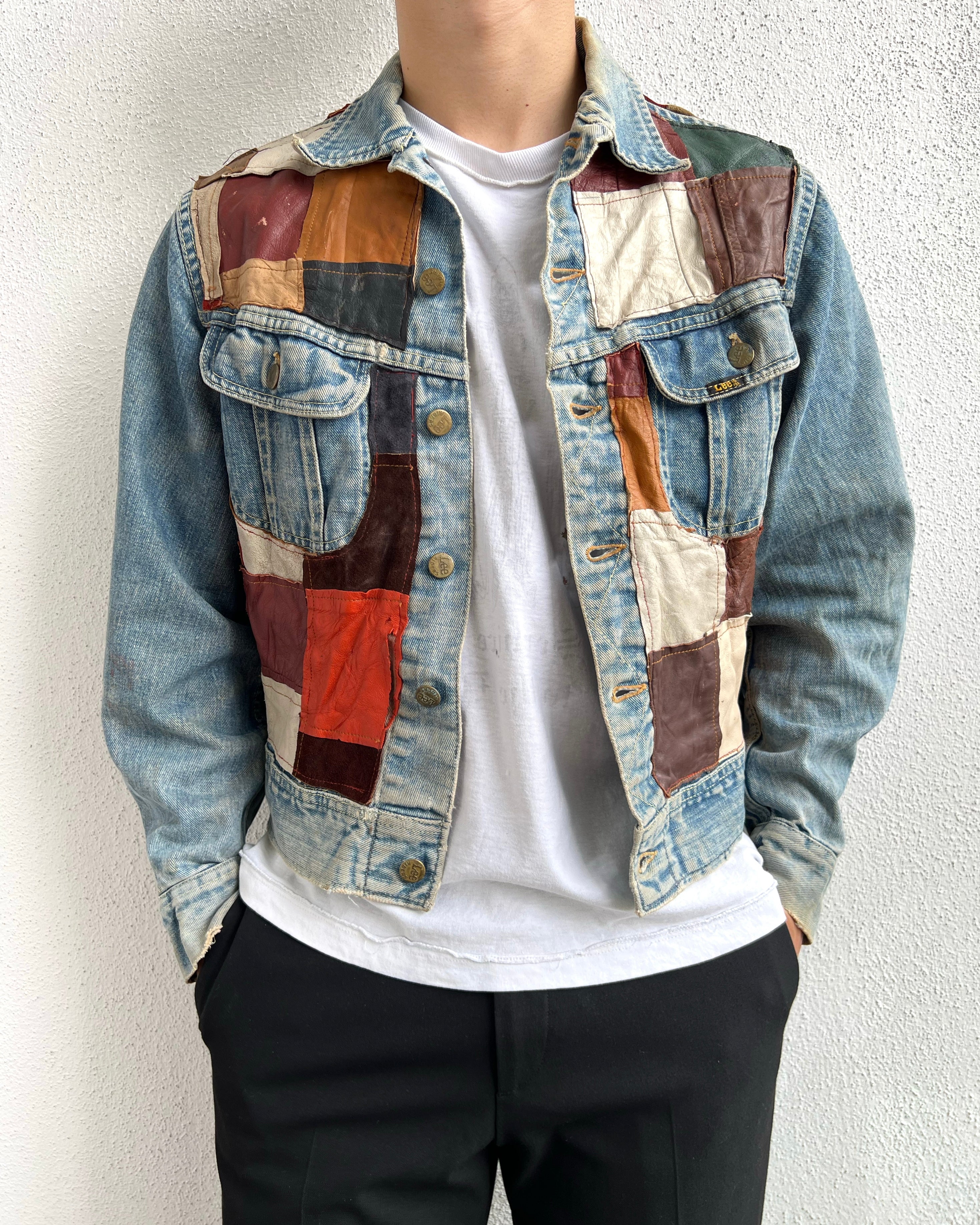 1970S LEATHER PATCHWORK LEE DENIM JACKET (M)