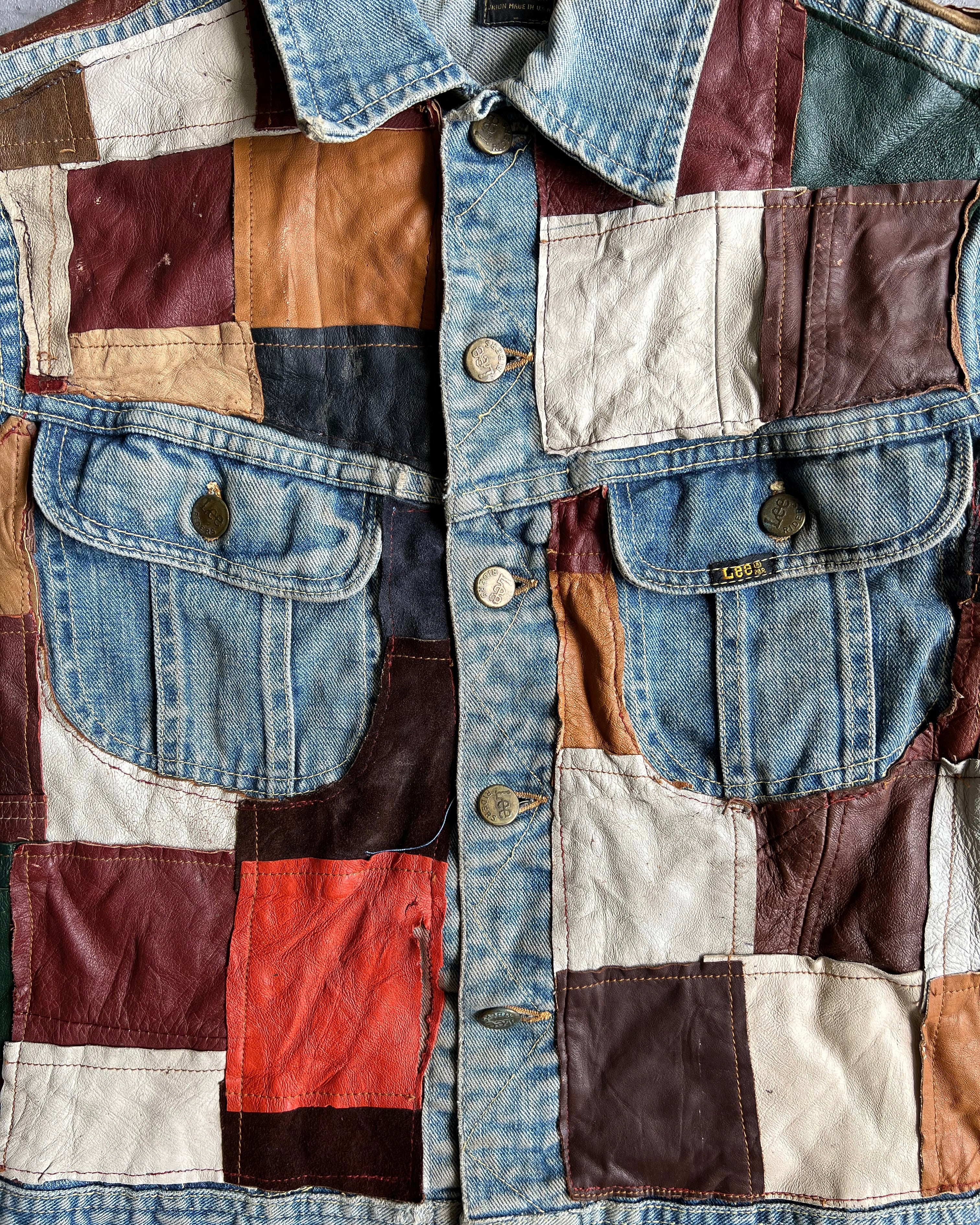 1970S LEATHER PATCHWORK LEE DENIM JACKET (M)