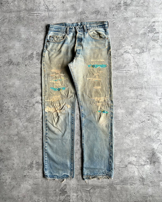 1980S FADED BLUE LEVI'S 501 REDLINE SELVEDGE REPAIRED JEANS (33X31)