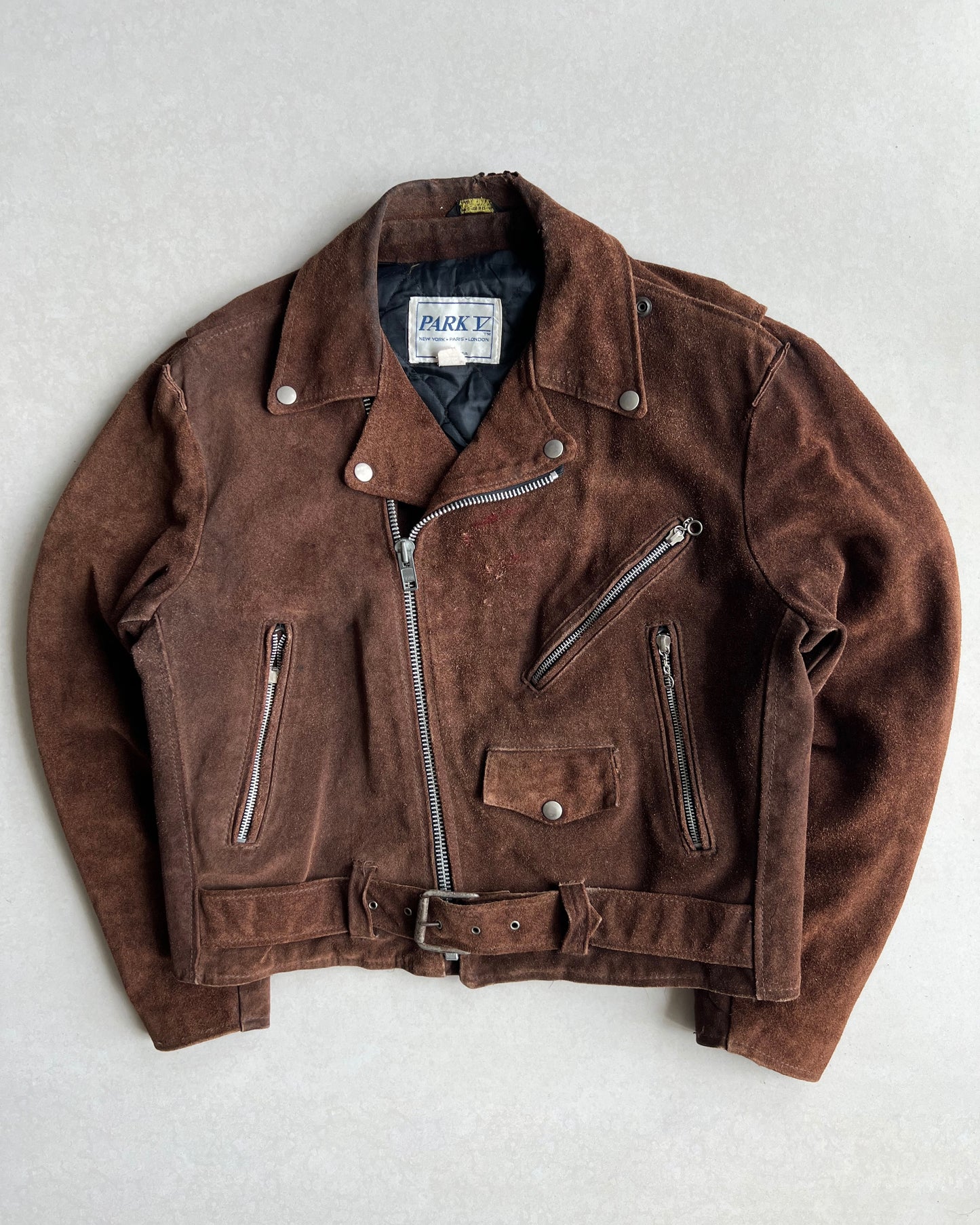 1980S PARK V SUEDE LEATHER BIKER JACKET (L)