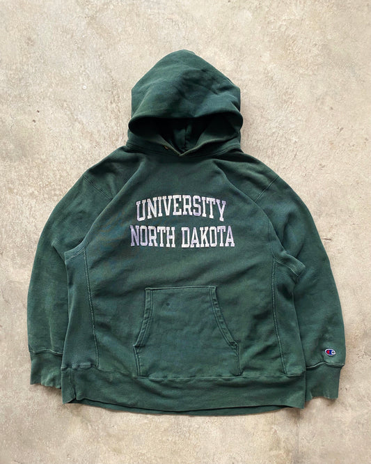 1980S 'UNIVERSITY NORTH DAKOTA' GREEN CHAMPION REVERSE WEAVE HOODIE (L-XXL)