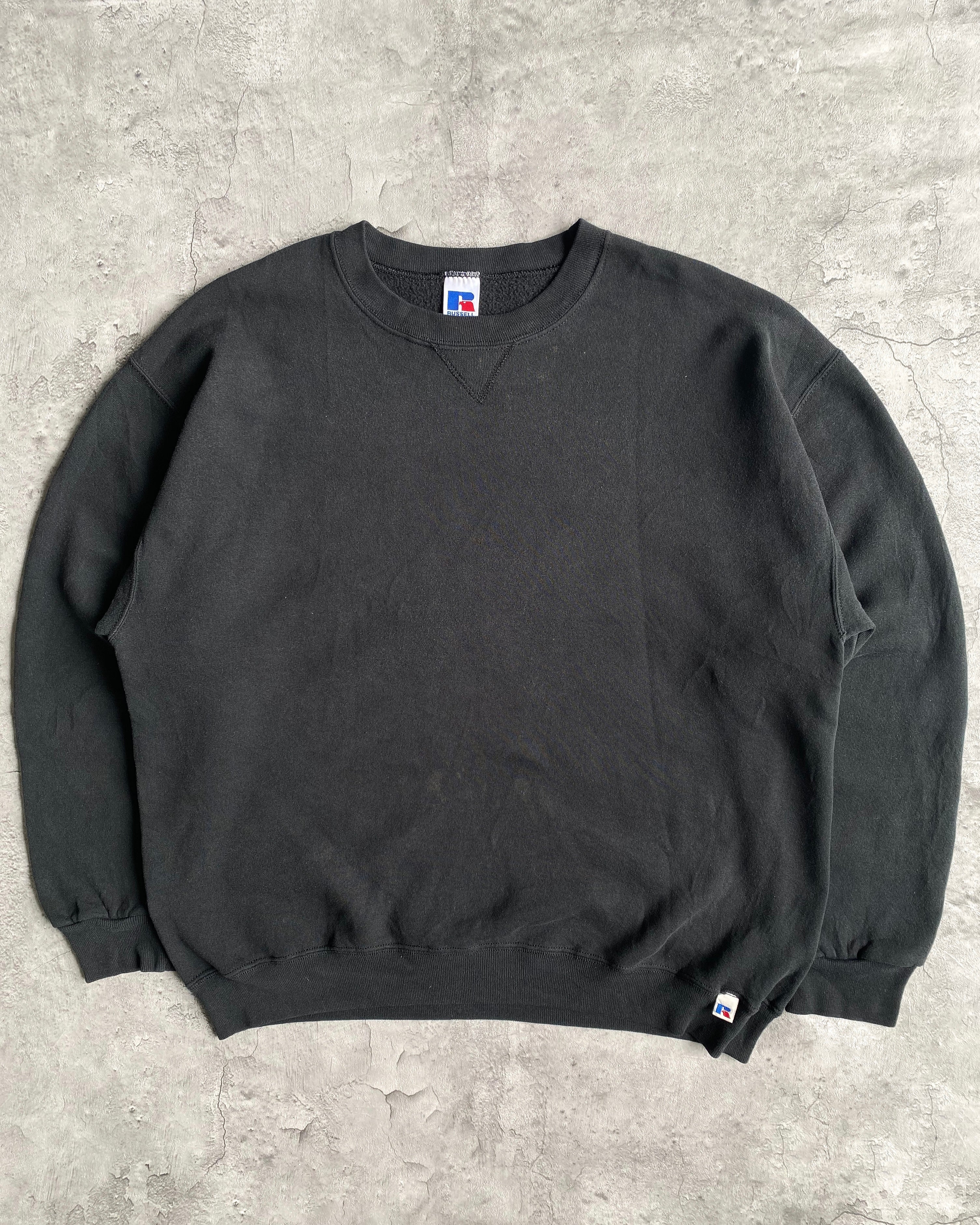 1990S RUSSELL FADED BLACK BLANK CREWNECK SWEATSHIRTS (L)
