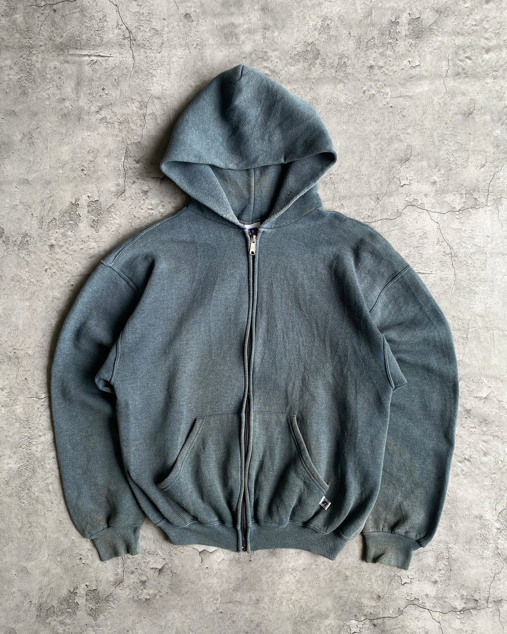 1990S RUSSELL FADED GREY/GREEN ZIP-UP HOODED SWEATSHIRT (M/L)