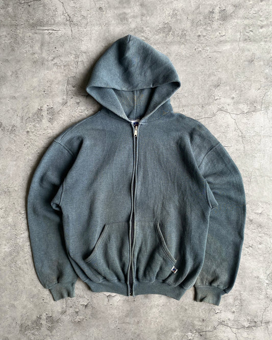 1990S RUSSELL FADED GREY/GREEN ZIP-UP HOODED SWEATSHIRT (M/L)
