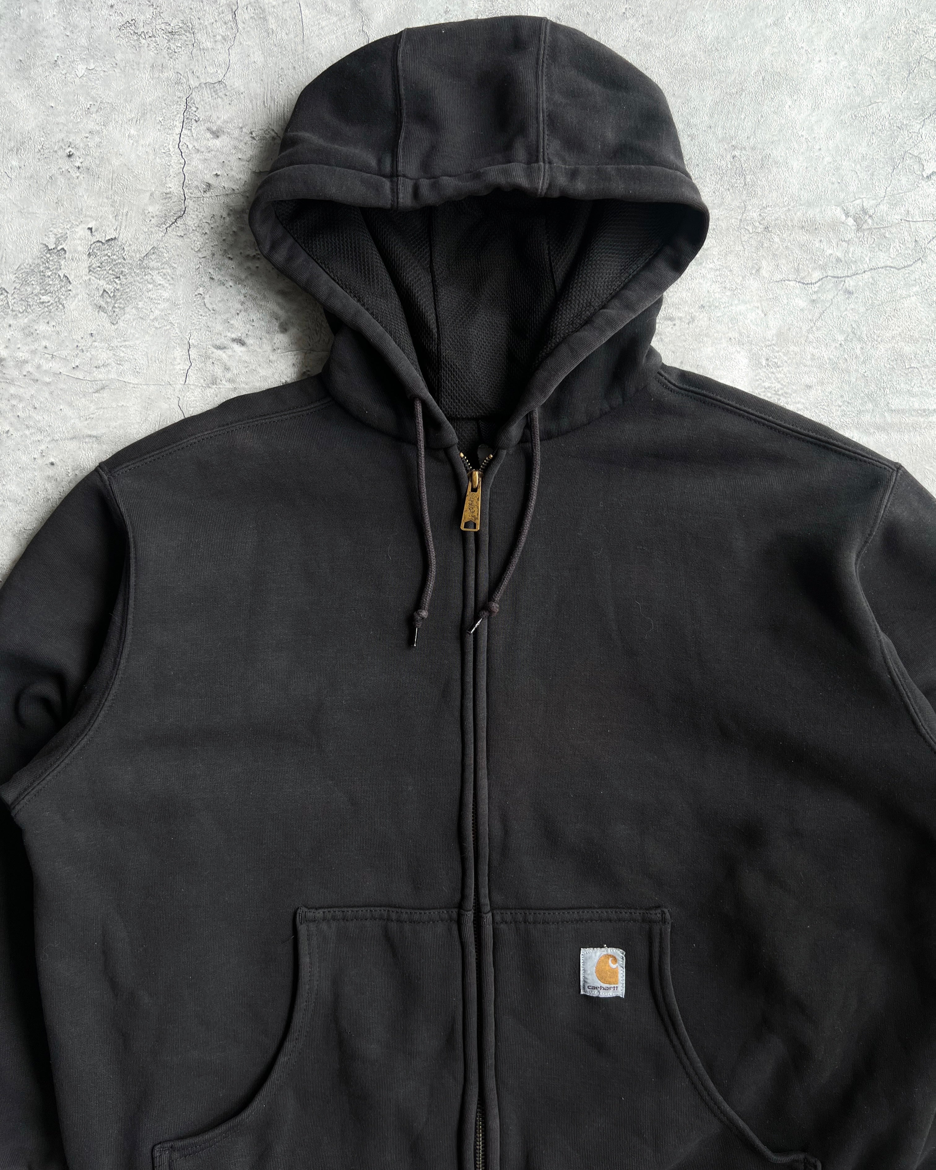 1990S BLACK HEAVYWEIGHT CARHARTT LOGO ZIP-UP HOODIE (L)