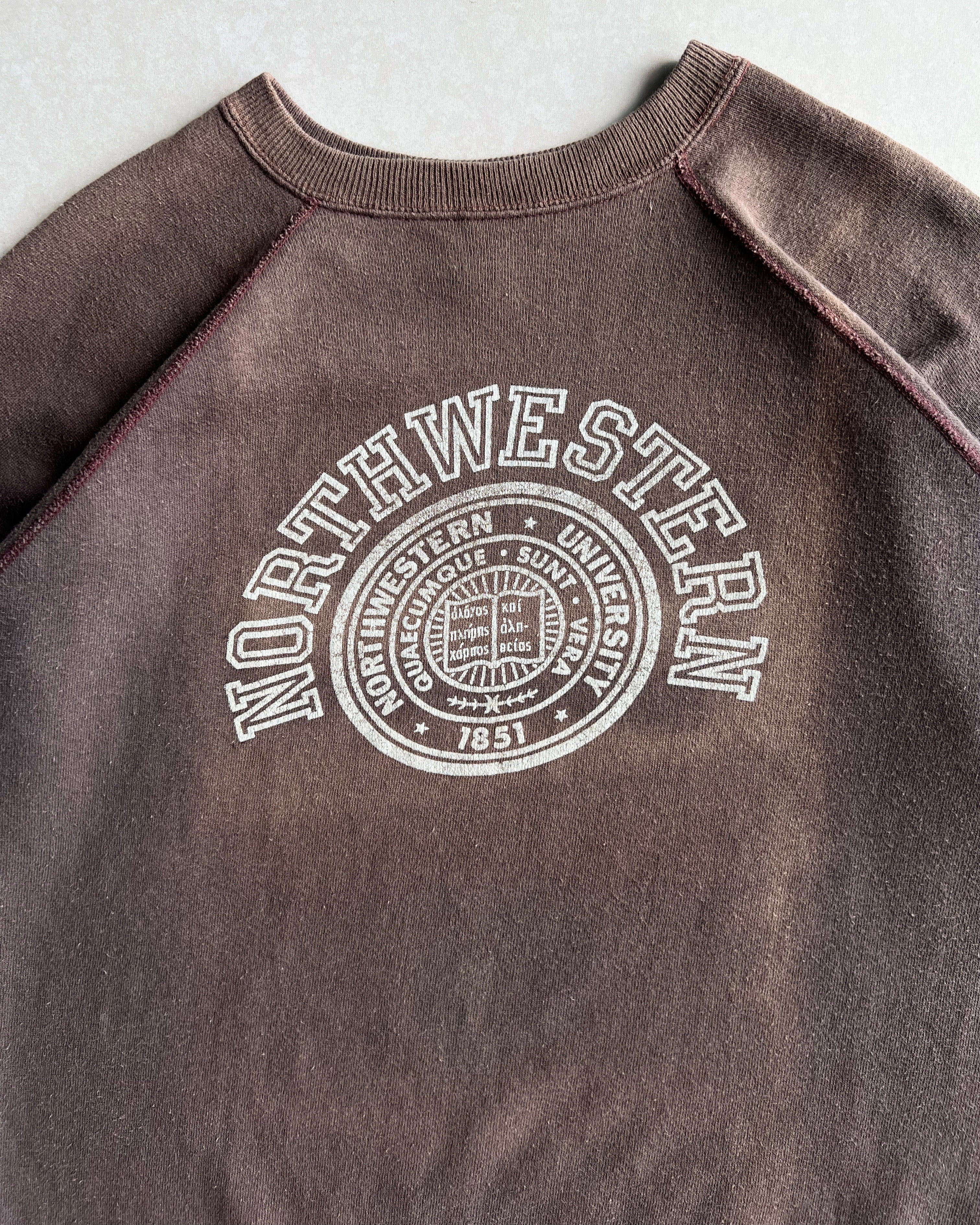 1960S SUN FADED 'NORTH WESTERN UNIVERSITY' SHORT SLEEVES RAGLAN SWEATSHIRT (L)