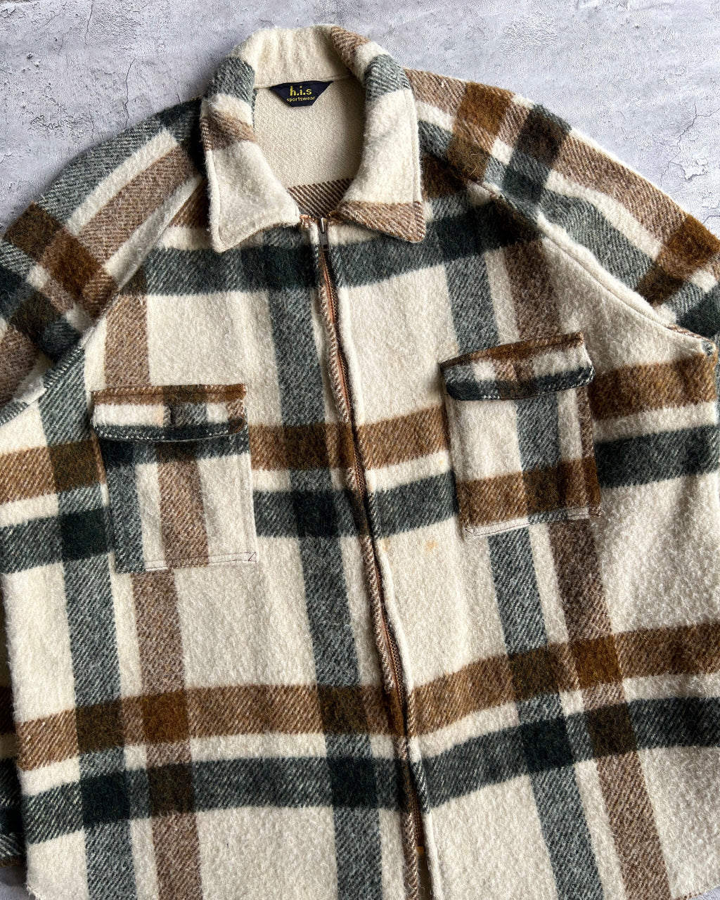 1960S WOOL PLAID ZIP-UP RAGLAN FLANNEL (L)