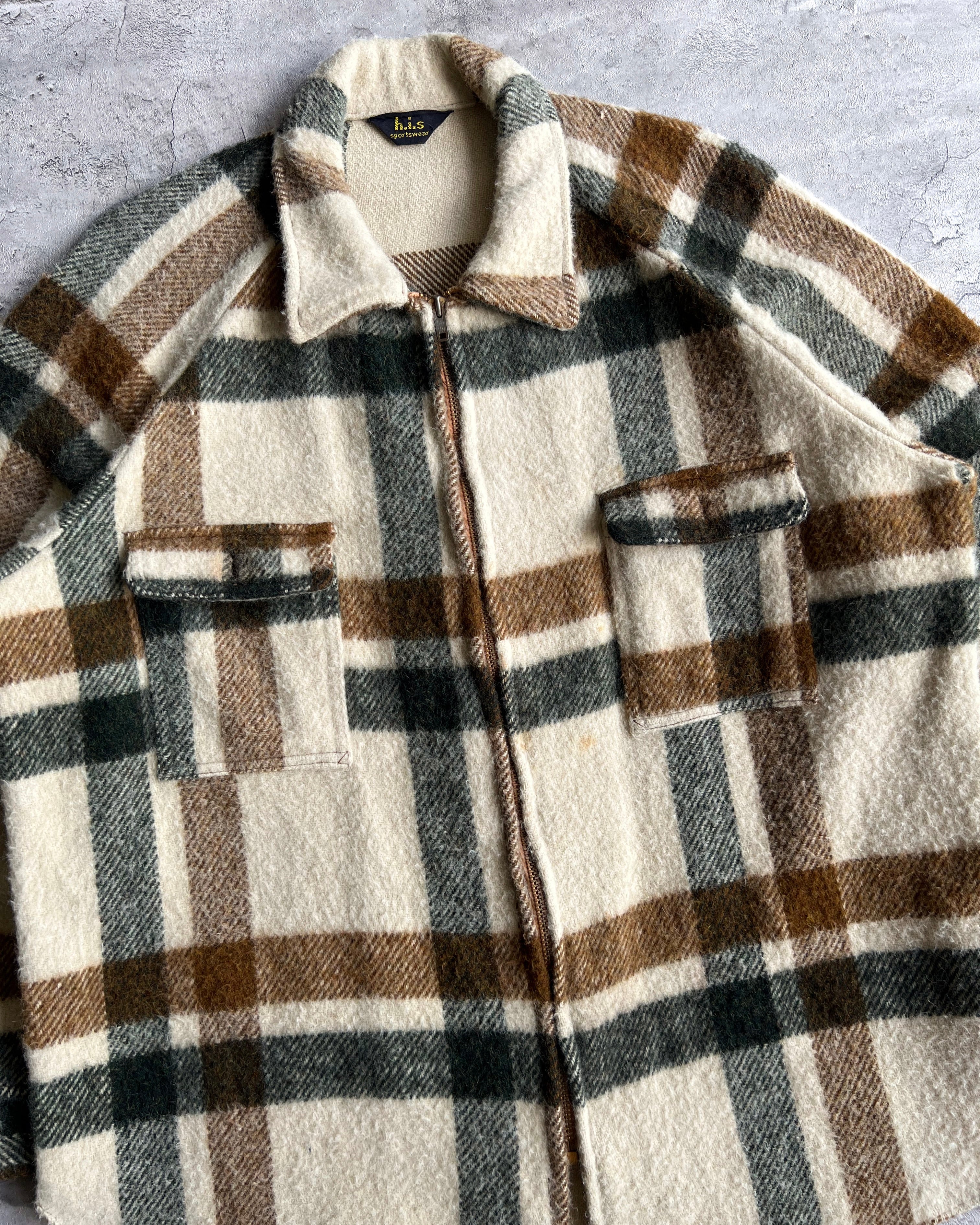 1960S WOOL PLAID ZIP-UP RAGLAN FLANNEL (L)
