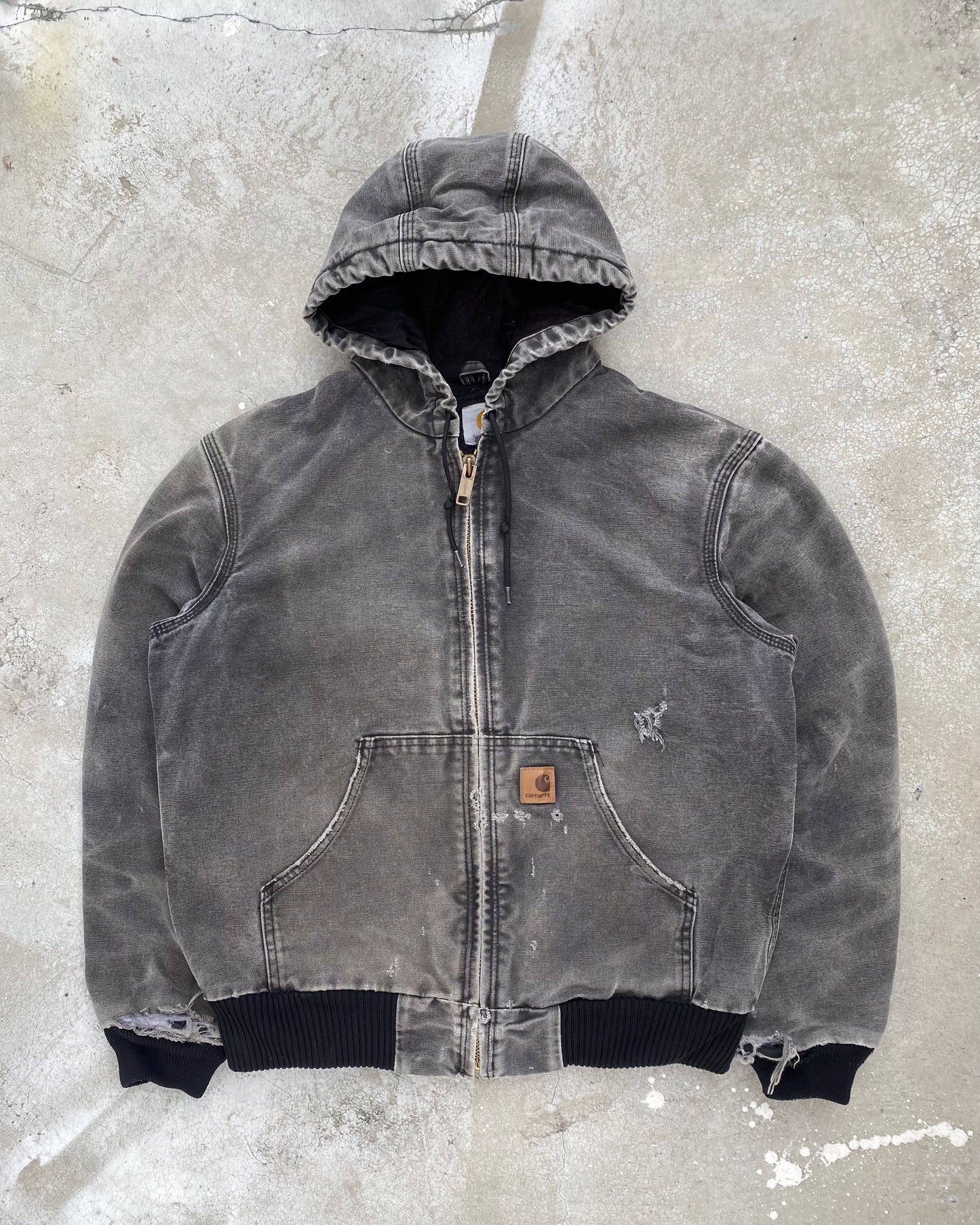 1990S SUN FADED BLACK CARHARTT HOODED WORK JACKET (S)