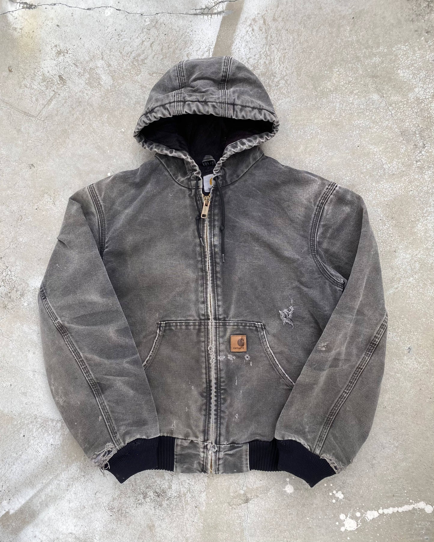 1990S SUN FADED BLACK CARHARTT HOODED WORK JACKET (S)