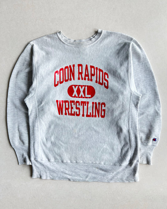 1990S 'COON RAPIDS WRESTLING' GREY CHAMPION REVERSE WEAVE SWEATSHIRT (L)