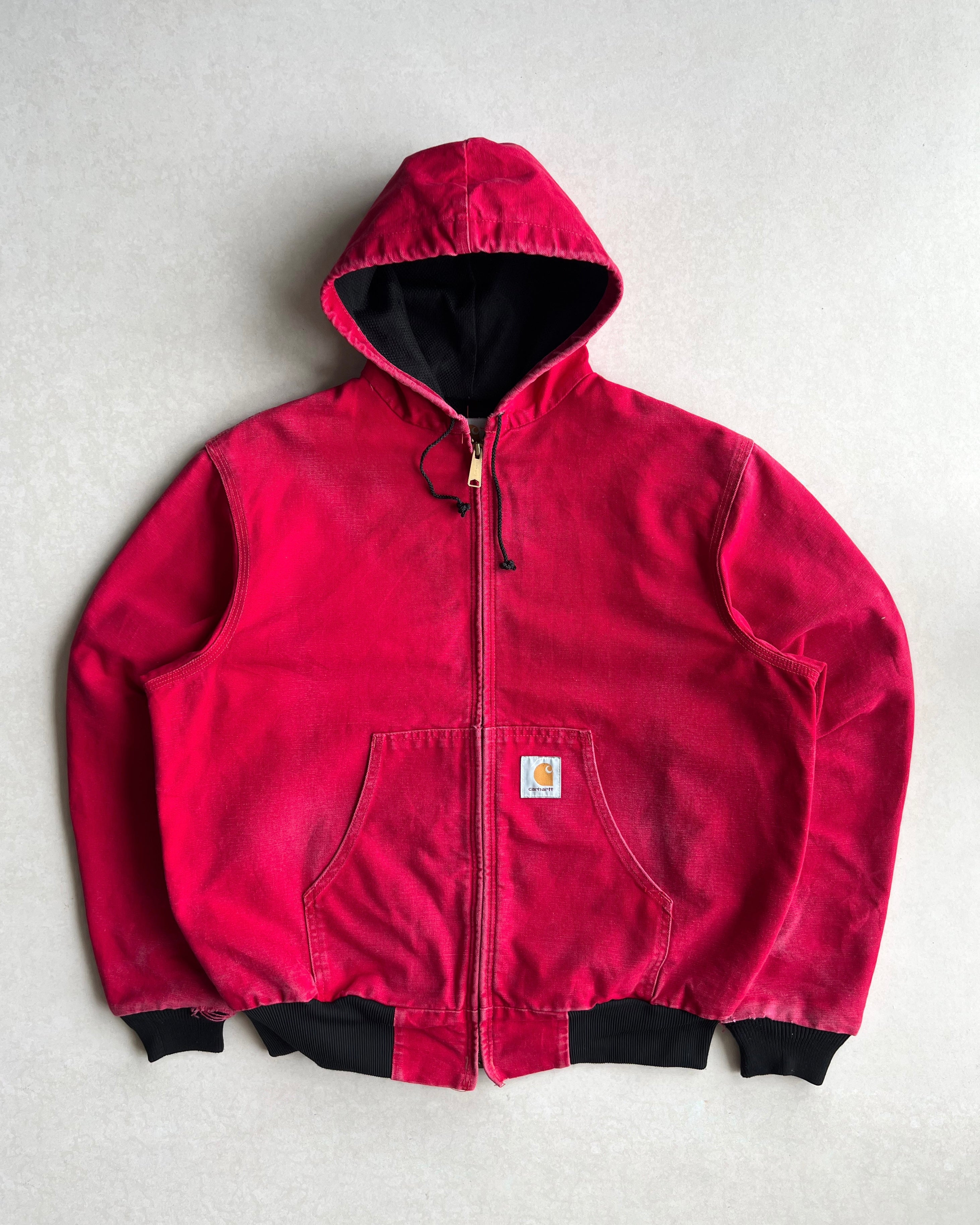 1990S FADED RED CARHARTT HOODED WORK JACKET (L)