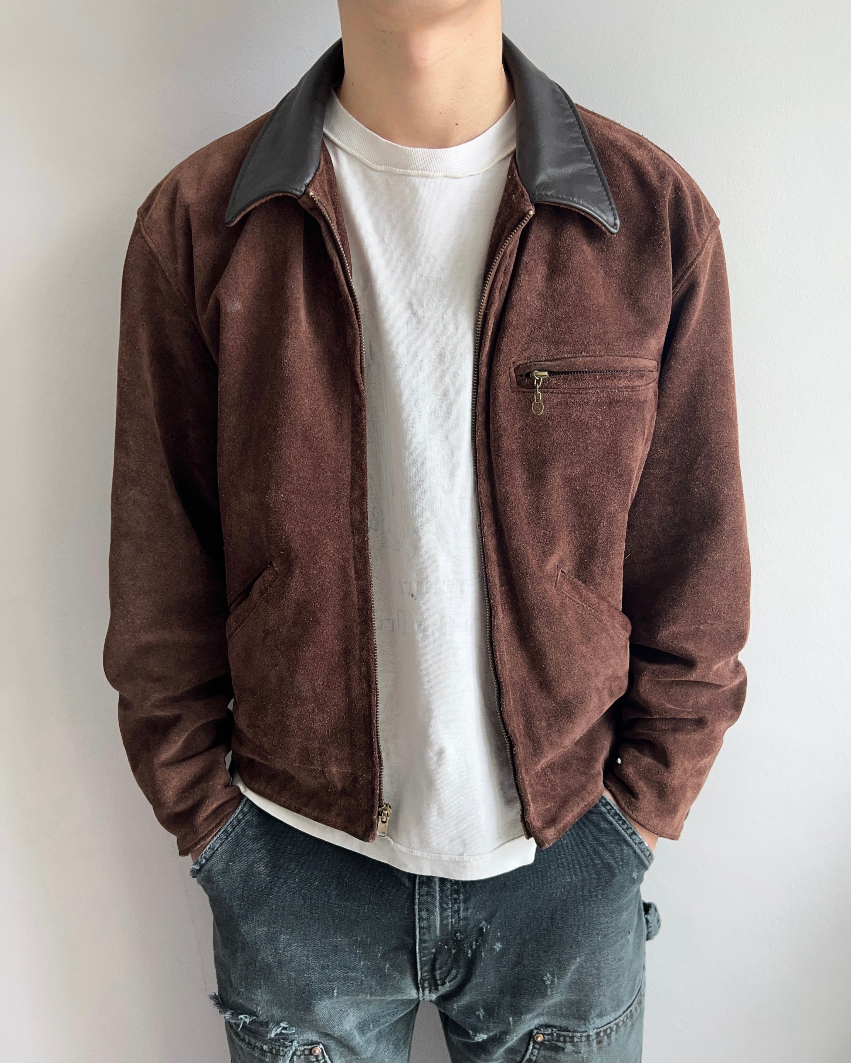 1970S SCHOTT SUEDE LEATHER COLLAR ZIP-UP JACKET (M/L)