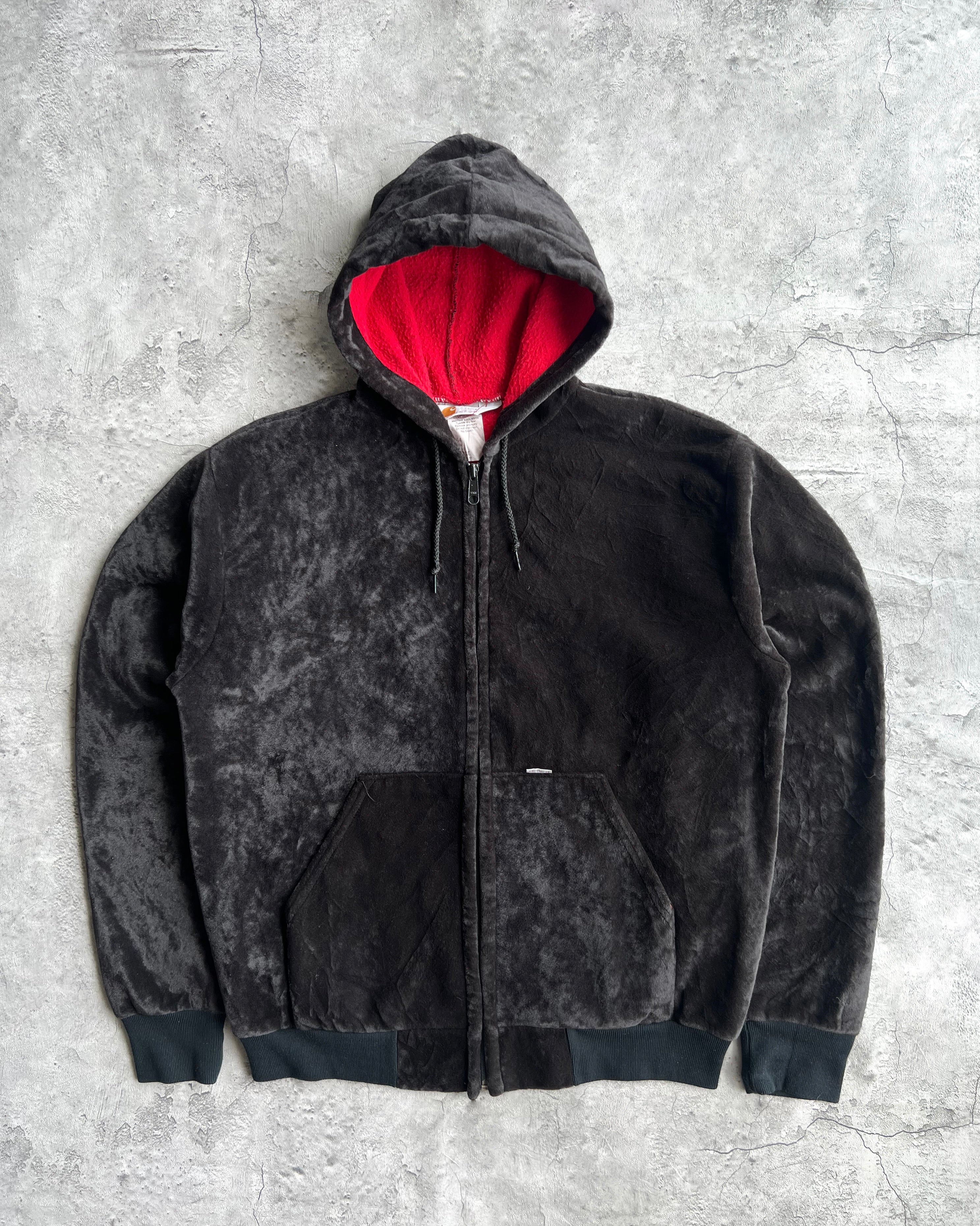 1990S BLACK CARHARTT VELOUR ZIP-UP HOODED SWEATSHIRT (L)