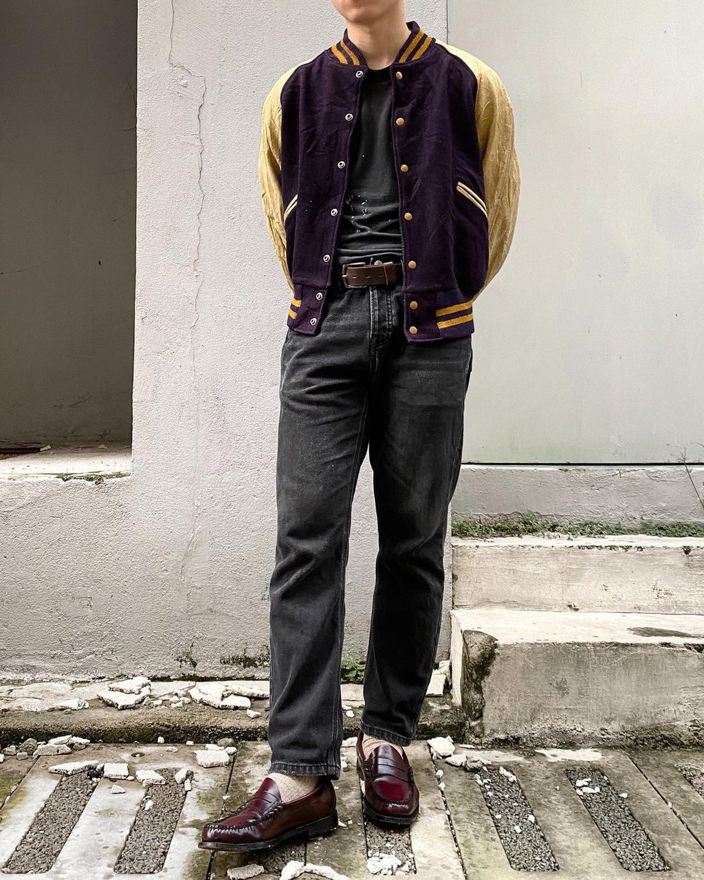 1950S RAGLAN LEATHER SLEEVES VARSITY JACKET (L)